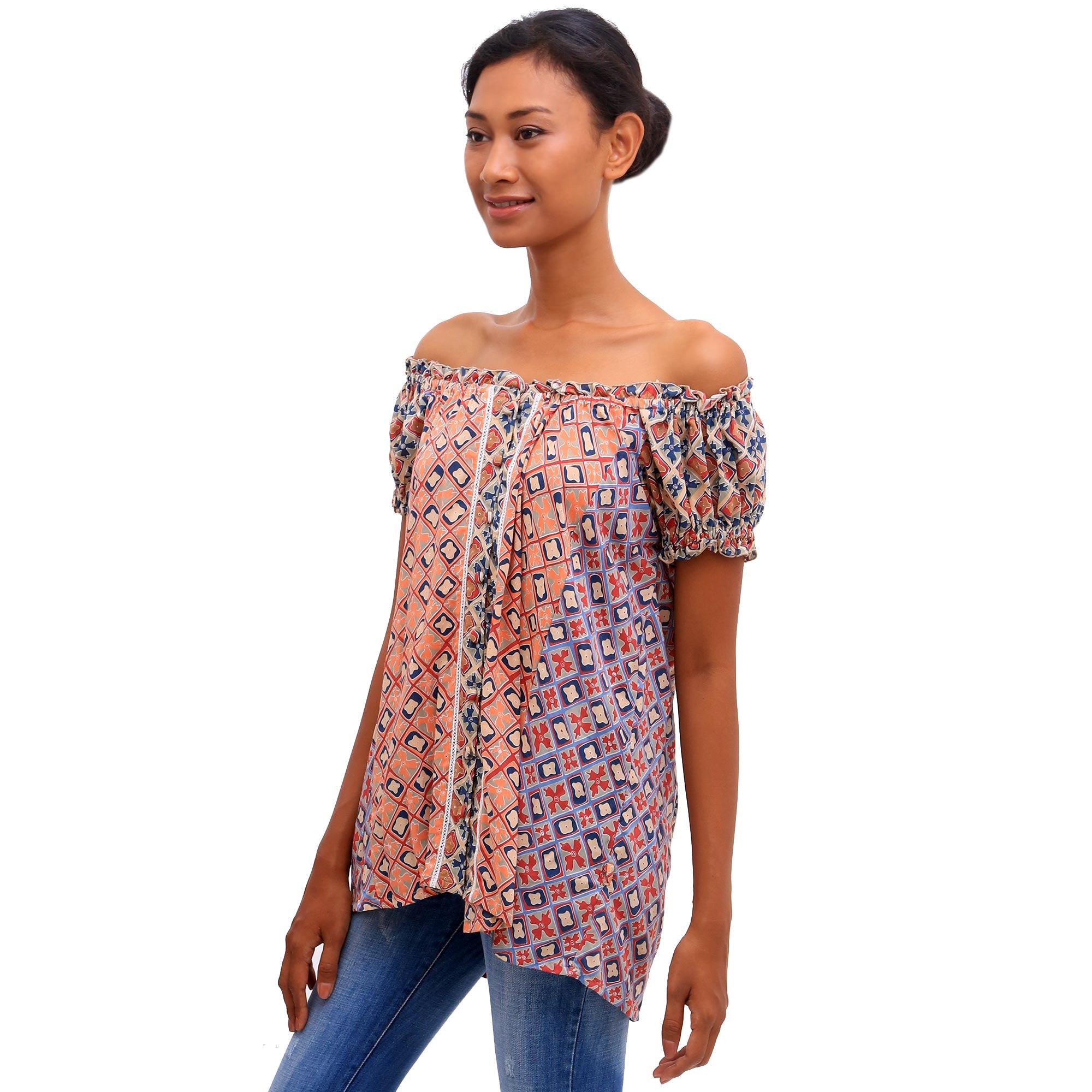 Premium Bali Crisscross Off-The-Shoulder Blouse | Chili & Azure Rayon Design