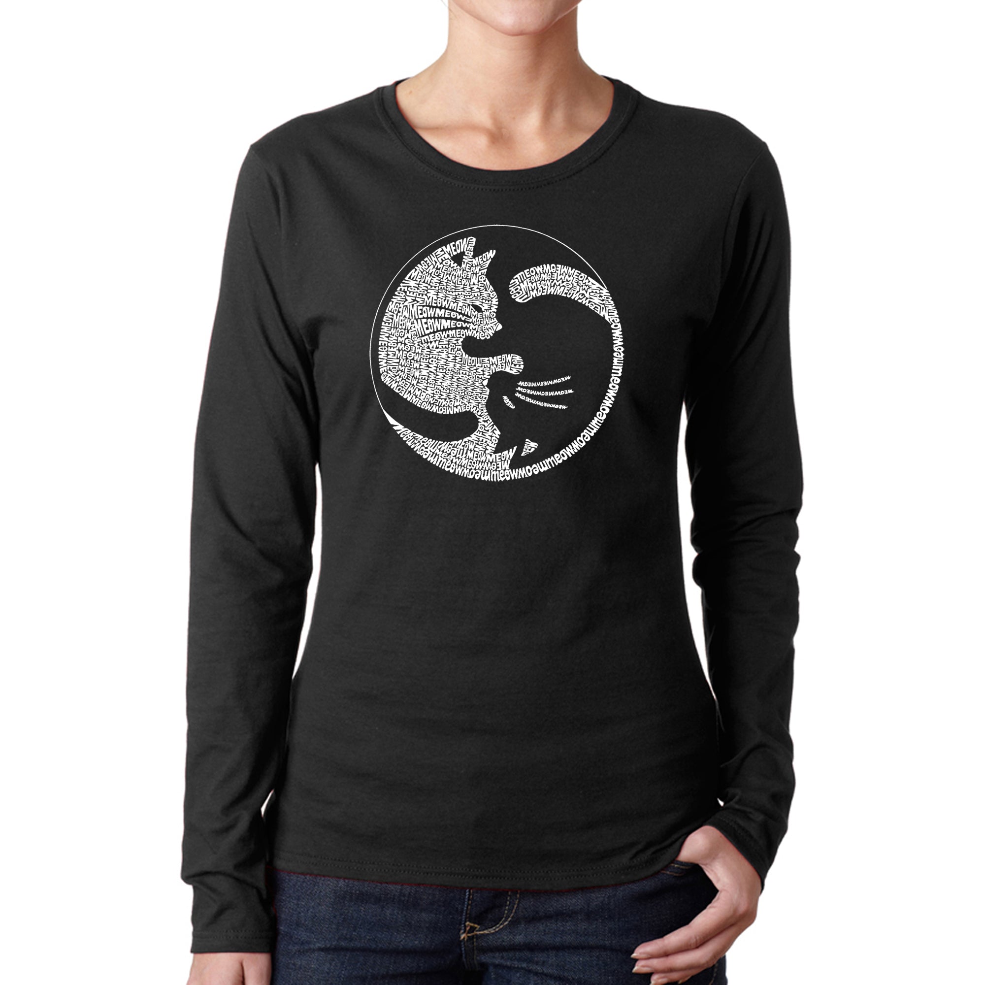 Premium Yin Yang Cat Word Art Long Sleeve T-Shirt for Women - Ultimate Cat Lover's Essential