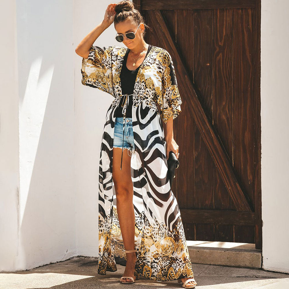 Premium Leopard Print Chiffon Beach Cover Up - Wild Style Tie-Front Design