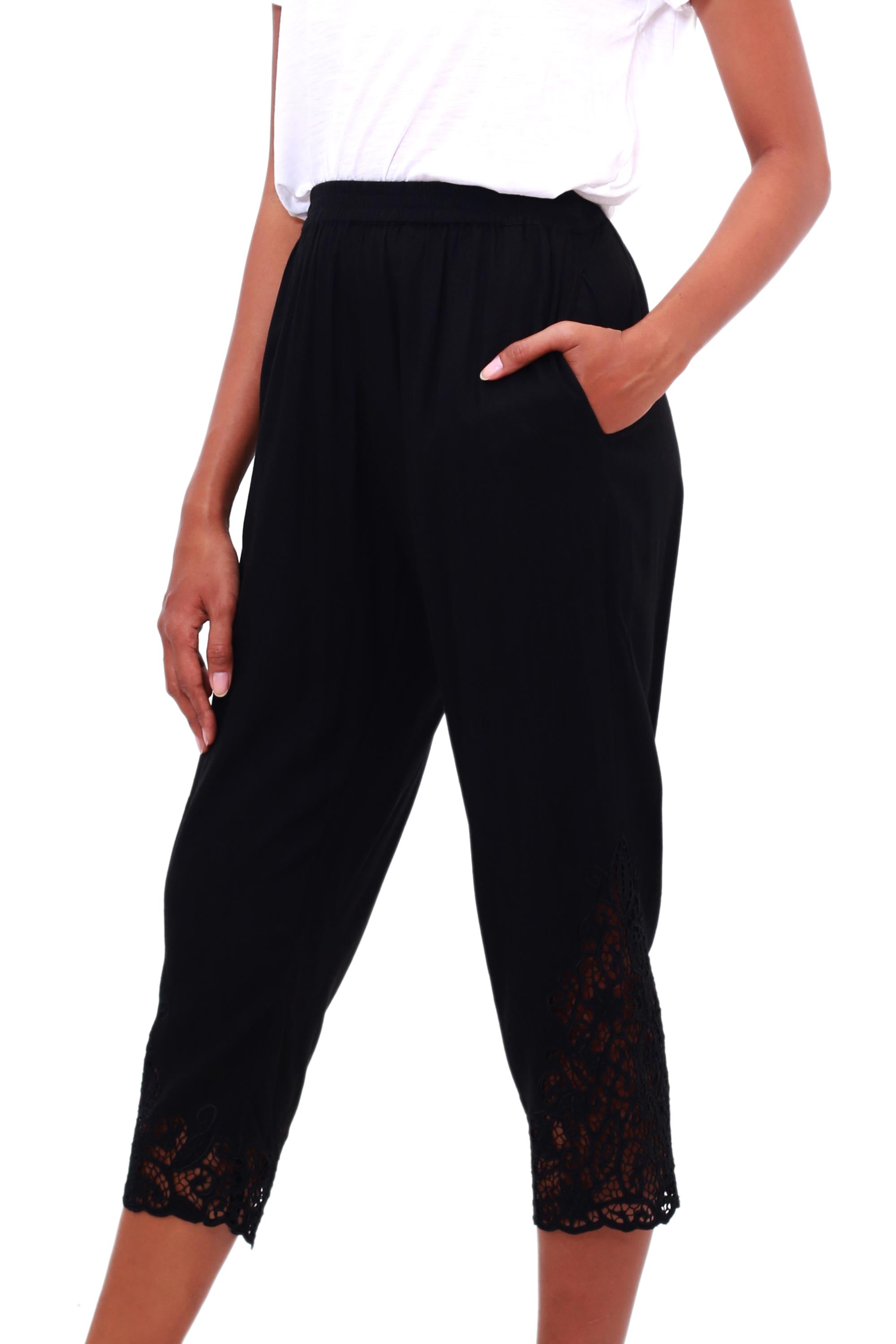 Premium Lotus Floral Embroidered Rayon Pants – Handcrafted in Bali