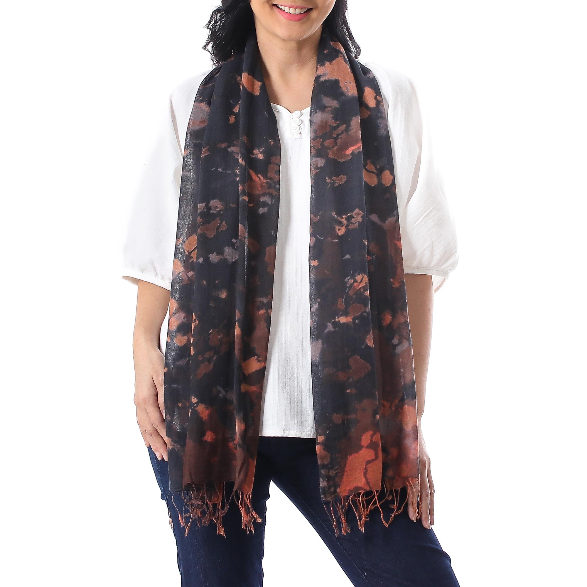 Premium Handwoven Tie-Dye Cotton Scarf with Fringe - Earthy Brown