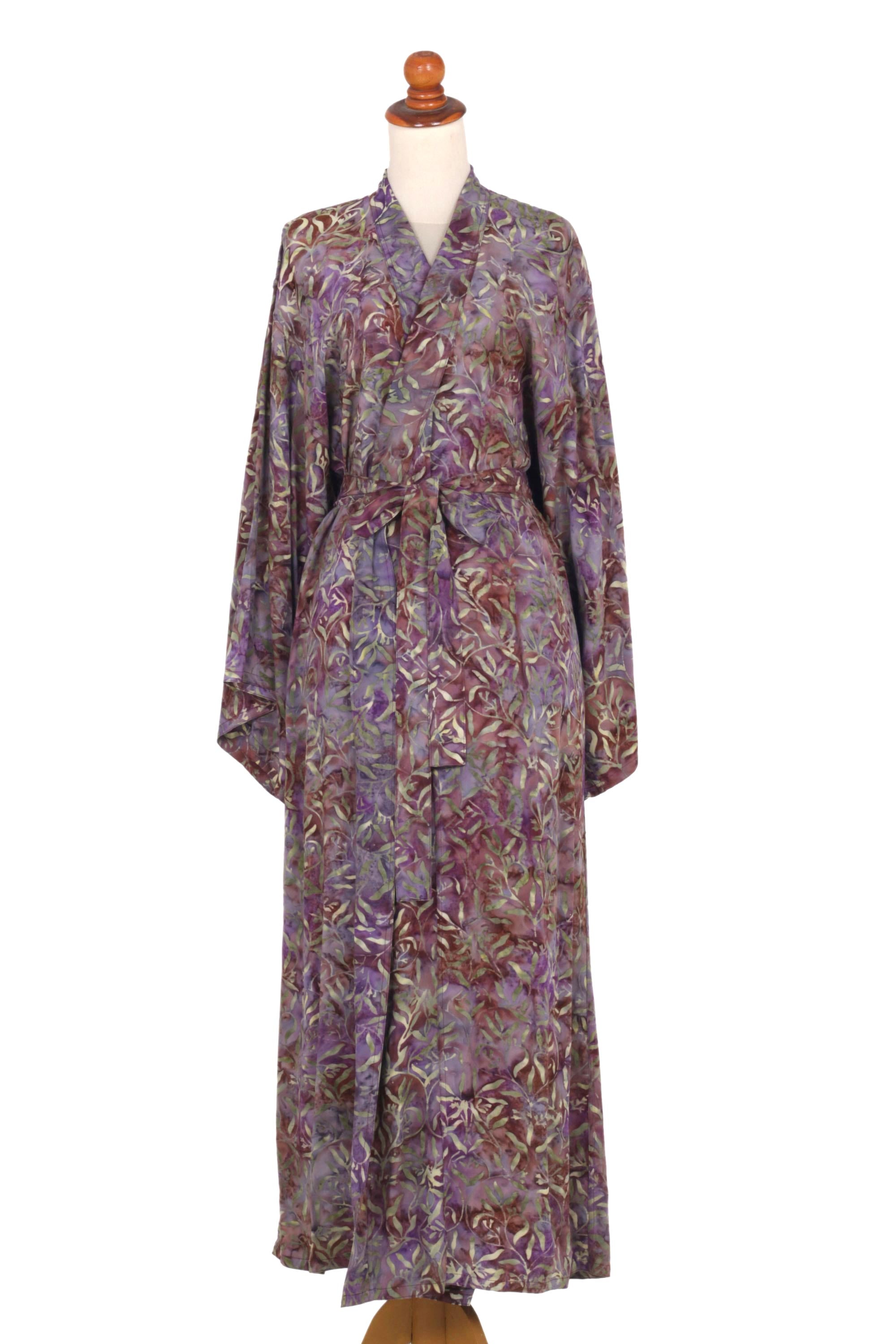 Premium Floral Mansion Rayon Robe - Sienna & Purple Batik Design