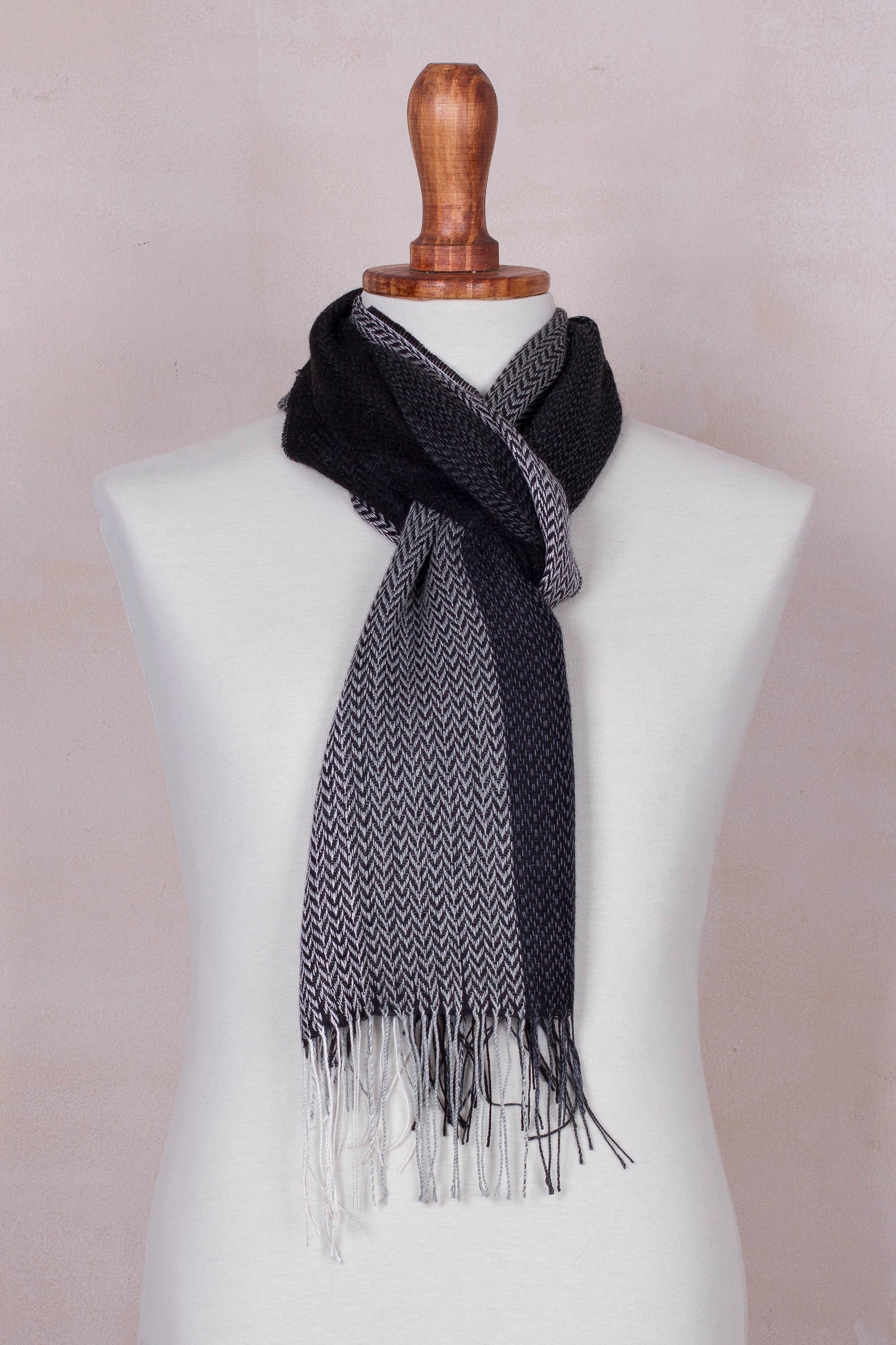 Premium Handwoven Baby Alpaca Blend Scarf – Black & Grey Herringbone Design from Peru