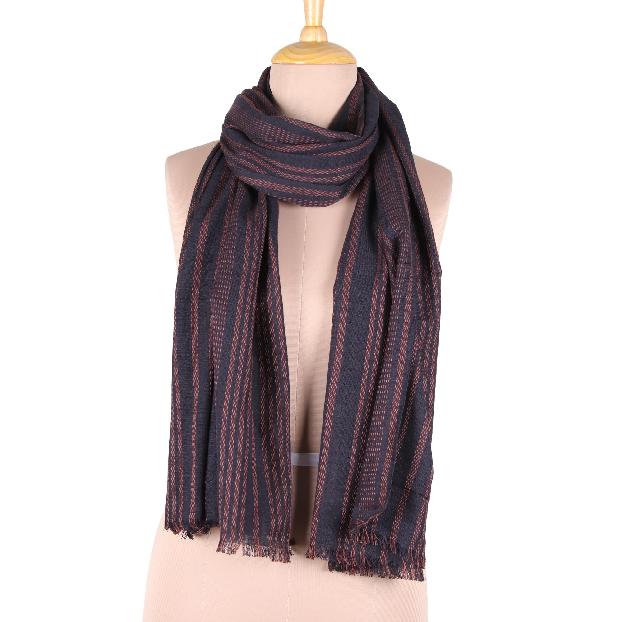 Premium Navy & Peach Striped Cotton Shawl - Handcrafted in India