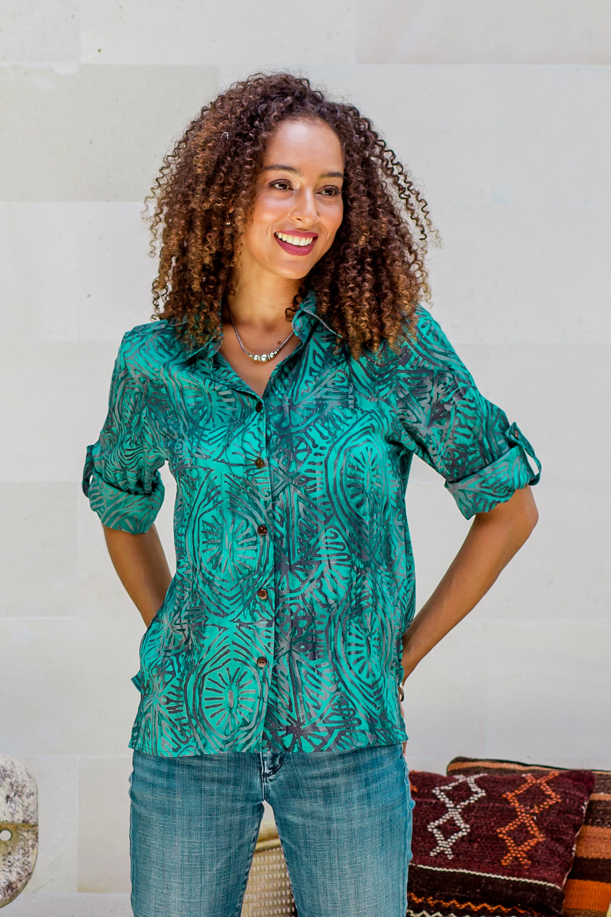 Premium Handcrafted Green-Blue Batik Rayon Blouse - Eco-Friendly Elegance