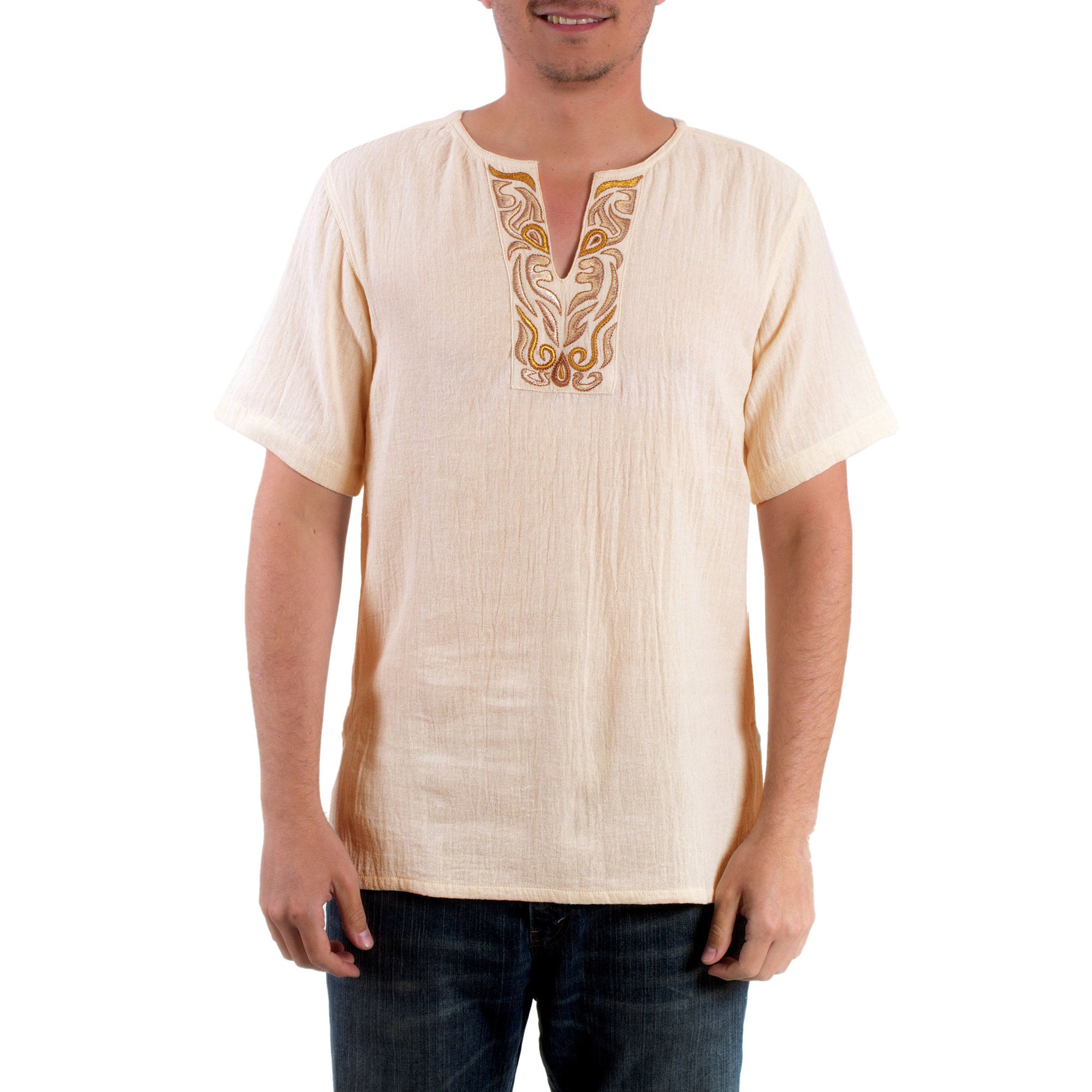 Premium Autumn Jungle Beige Men's Cotton Tunic - Handcrafted Comfort