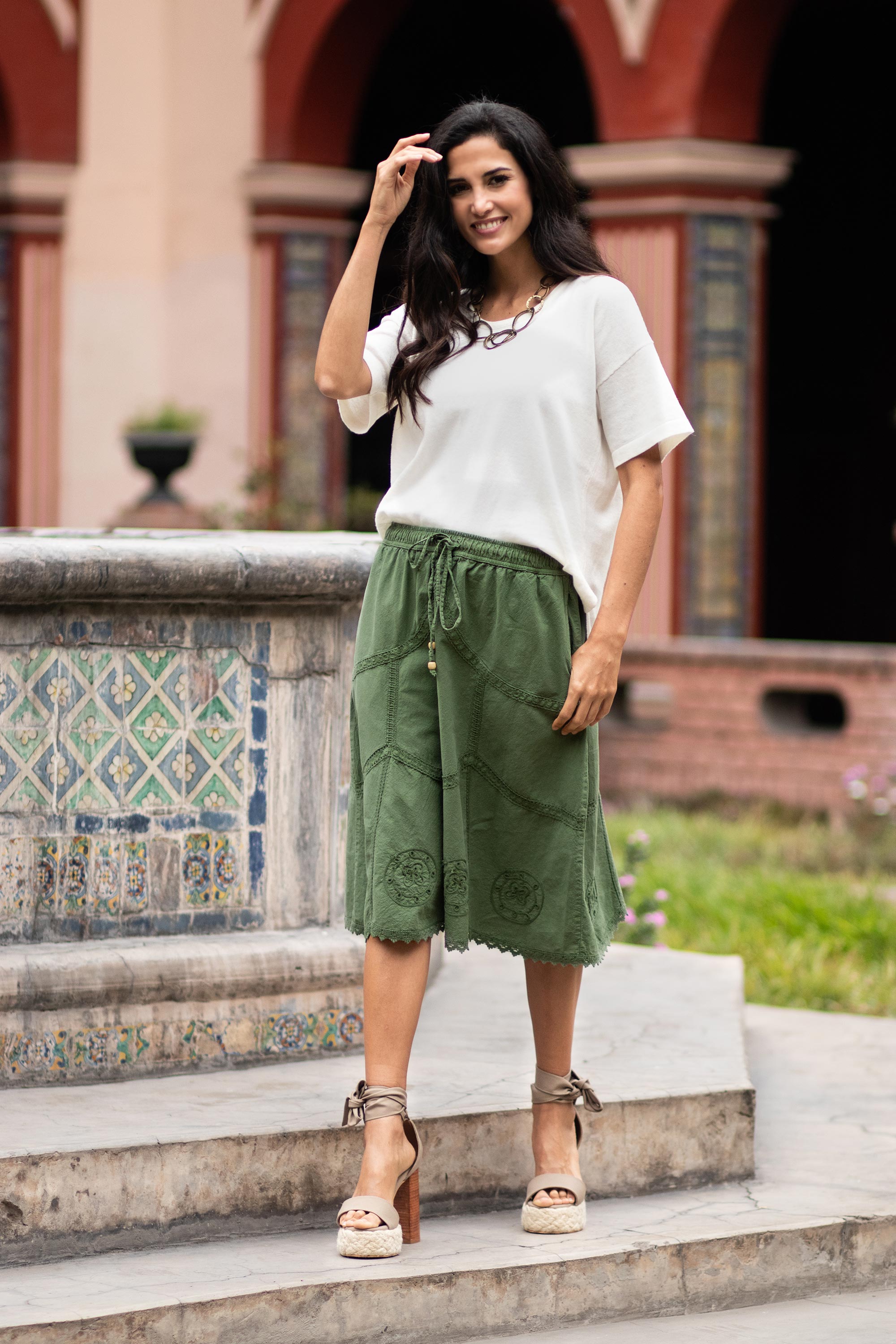 Premium Andean Fields Laurel Green Embroidered Cotton Skirt - Handcrafted in Peru