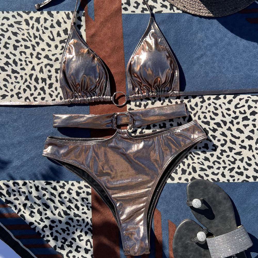 Premium Metallic High-Waist Cutout Triangle Bikini Set