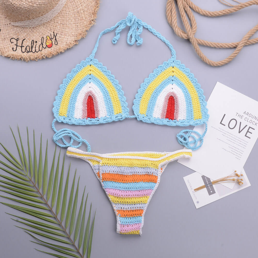 Premium Rainbow Crochet Halter Bikini Set - Brazilian Style Two-Piece Swimsuit