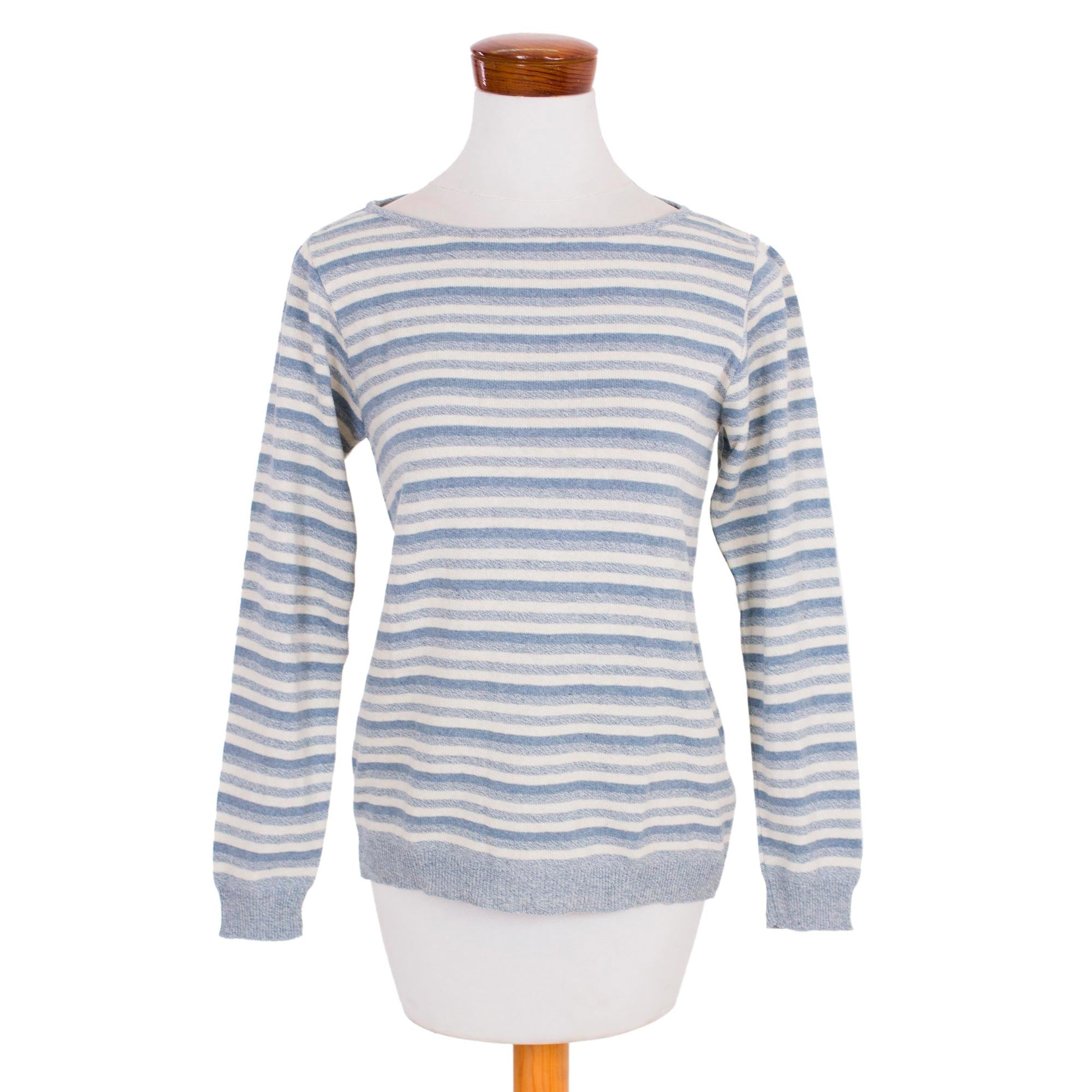 Premium Wedgwood Horizon Women's Blue & Ivory Striped Cotton Sweater