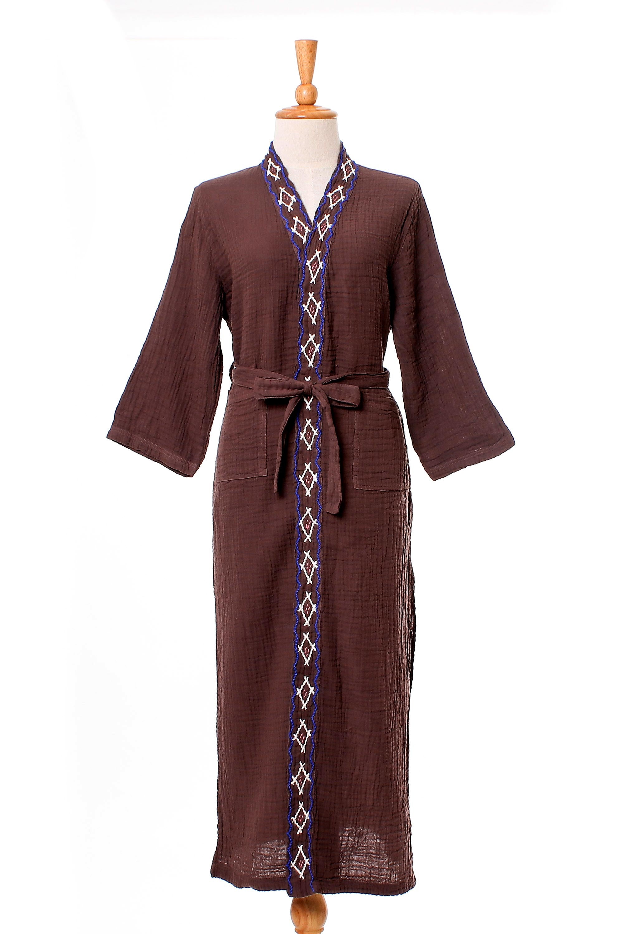 Premium Nature Relaxation Diamond Embroidered Cotton Robe - Chestnut Brown