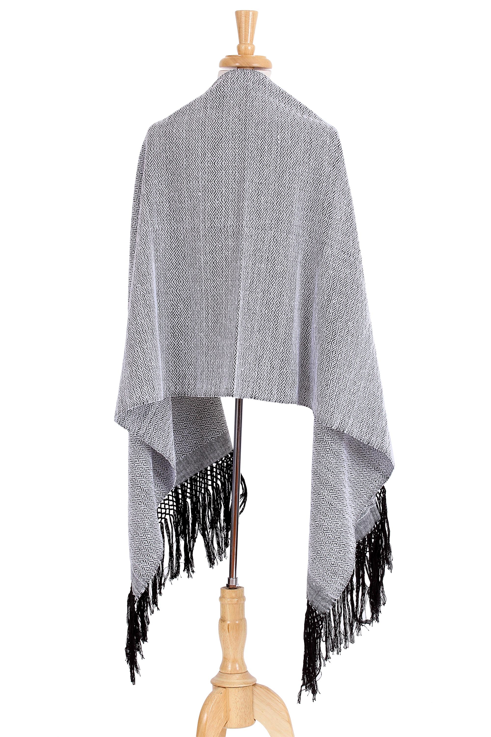 Premium Handwoven Zapotec Cotton Rebozo Shawl - White & Black Striped Diamonds