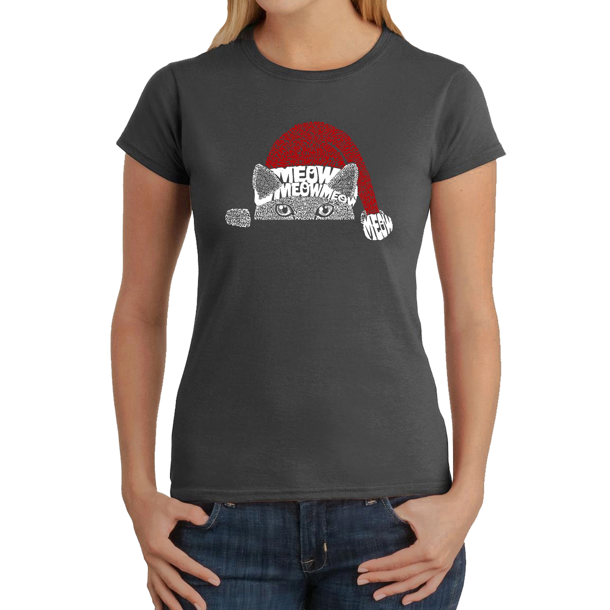 Premium Christmas Peeking Cat - Women's Festive Word Art T-Shirt