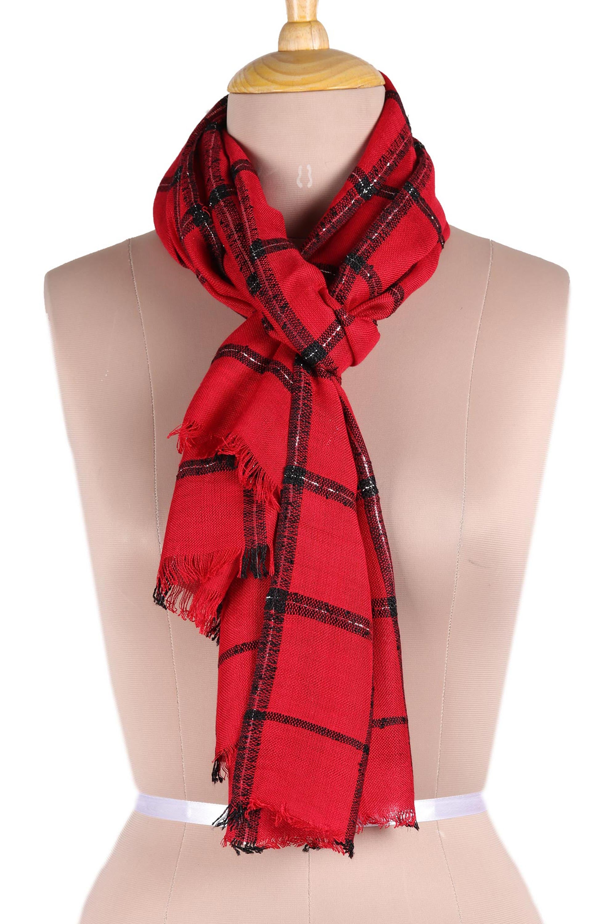 Premium Crimson Checks Wrap Scarf – Luxe Viscose Blend with Metallic Threads