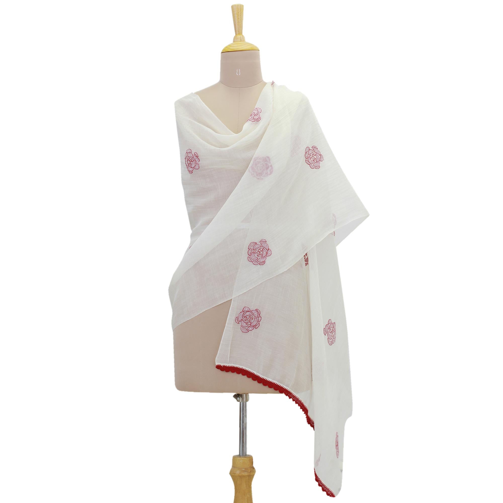 Premium Chikan Roses Silk & Cotton Shawl - Champagne & Claret Elegance