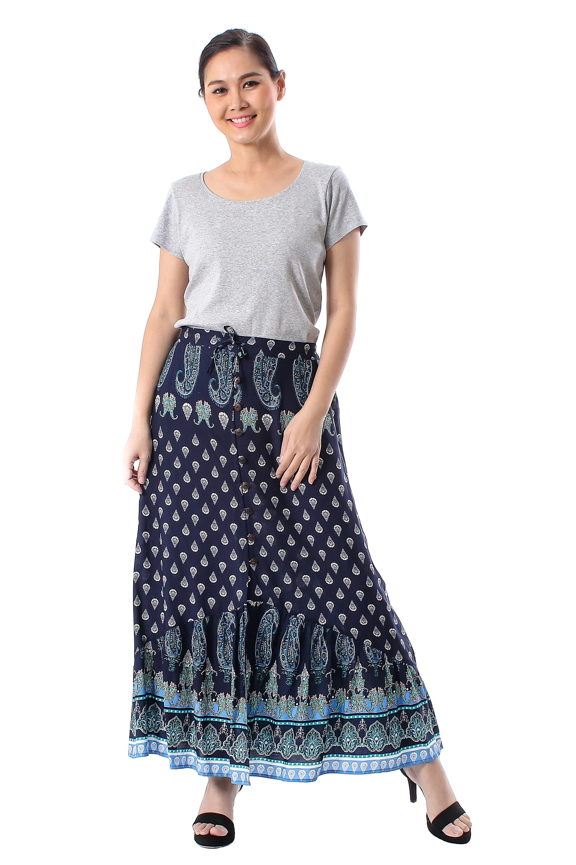 Premium Navy Paisley Rayon Maxi Skirt – Handcrafted in Thailand