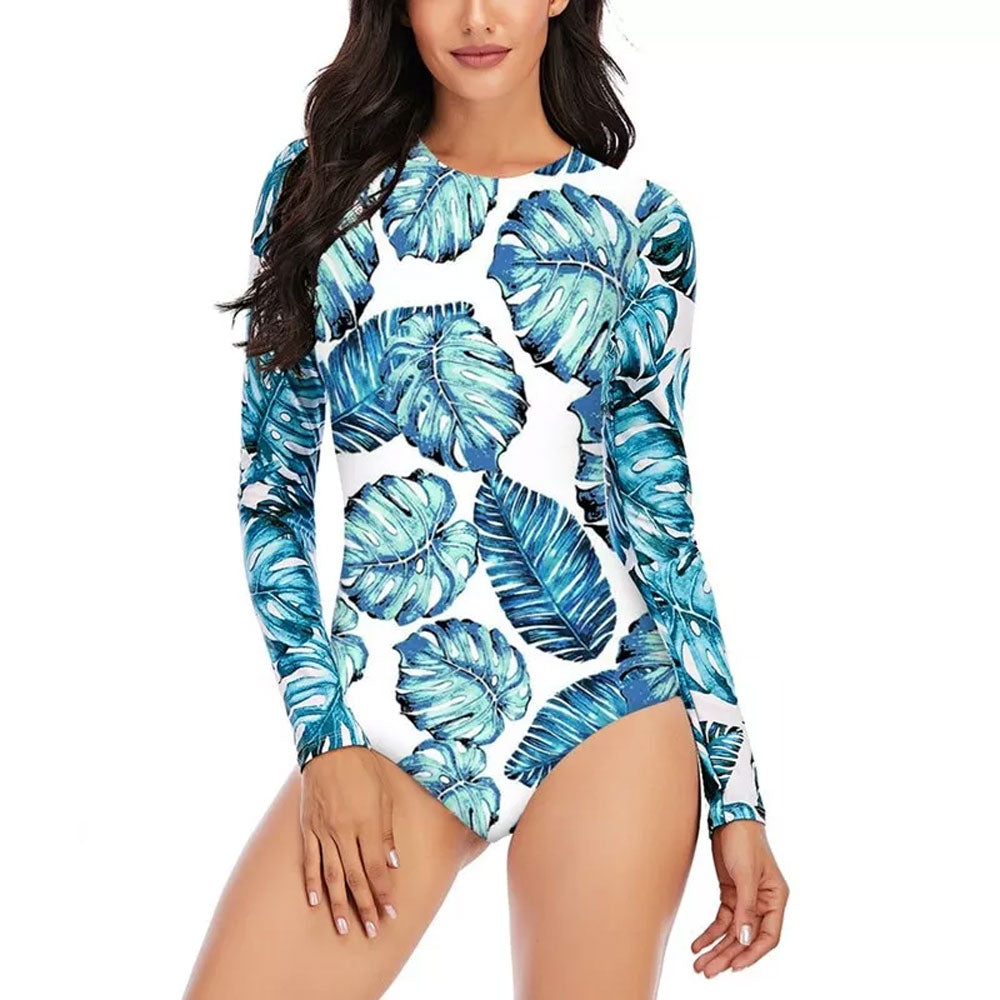 Premium Tropical Leaf Print Long Sleeve Rash Guard One-Piece Swimsuit with Open Back