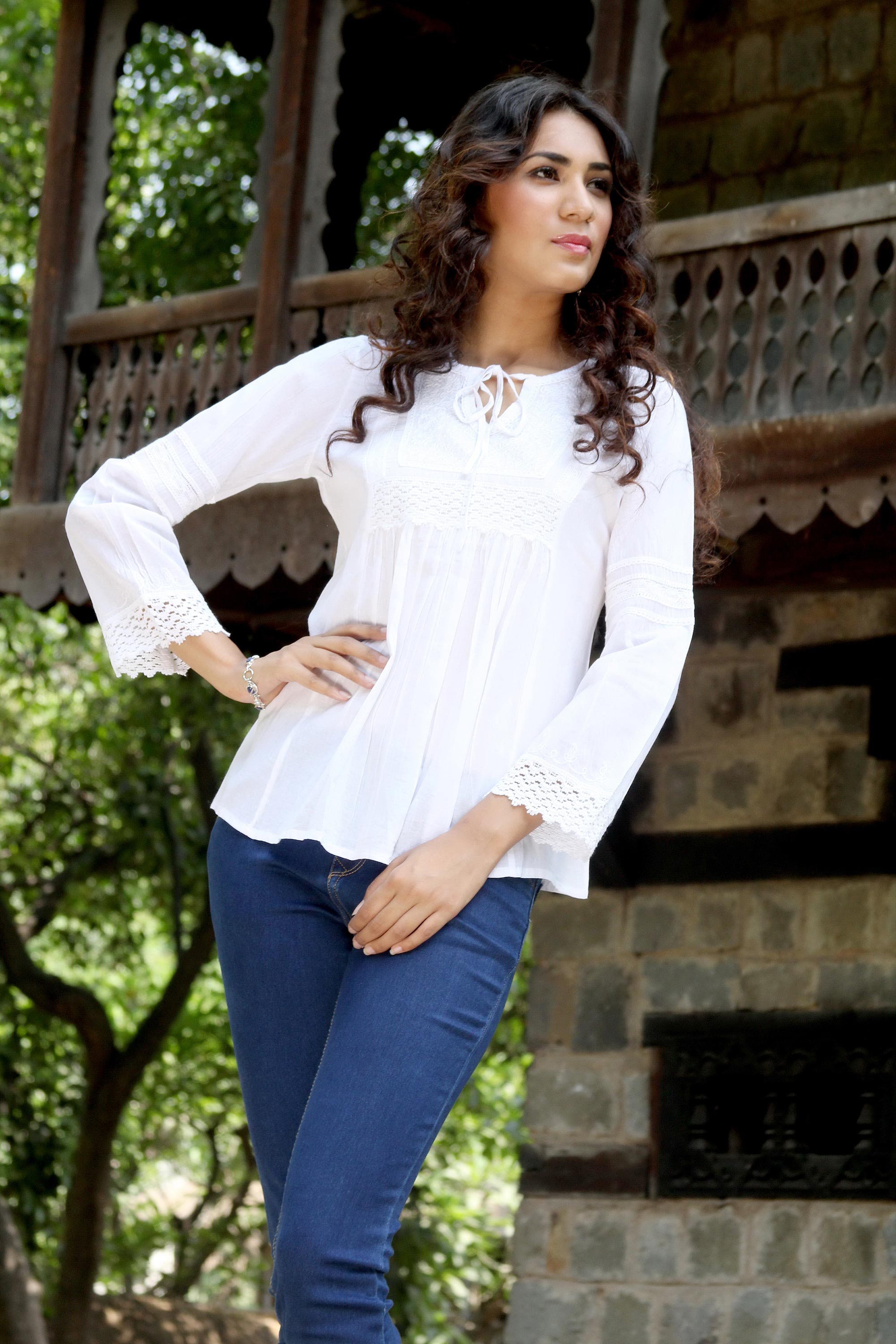 Premium Floral Clouds White Cotton Blouse – Ultimate Feminine Elegance