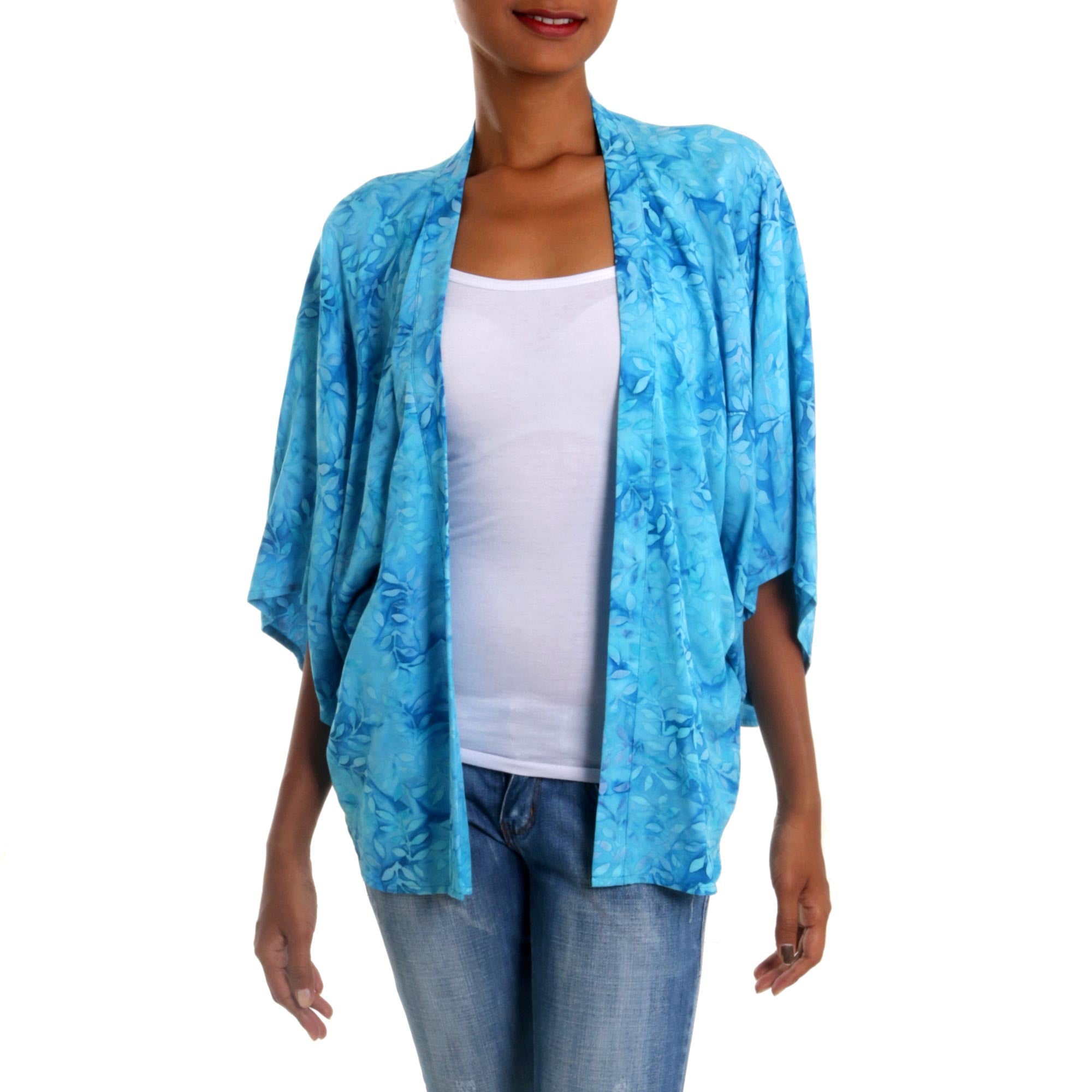 Premium Cyan Open Kimono Jacket - Light Blue Batik Design