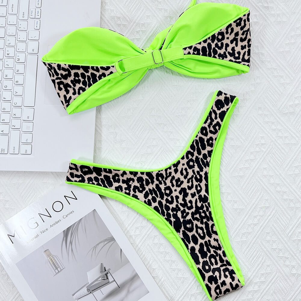 Premium Leopard Print Bow-Tie Bikini Set - High Cut Brazilian Thong