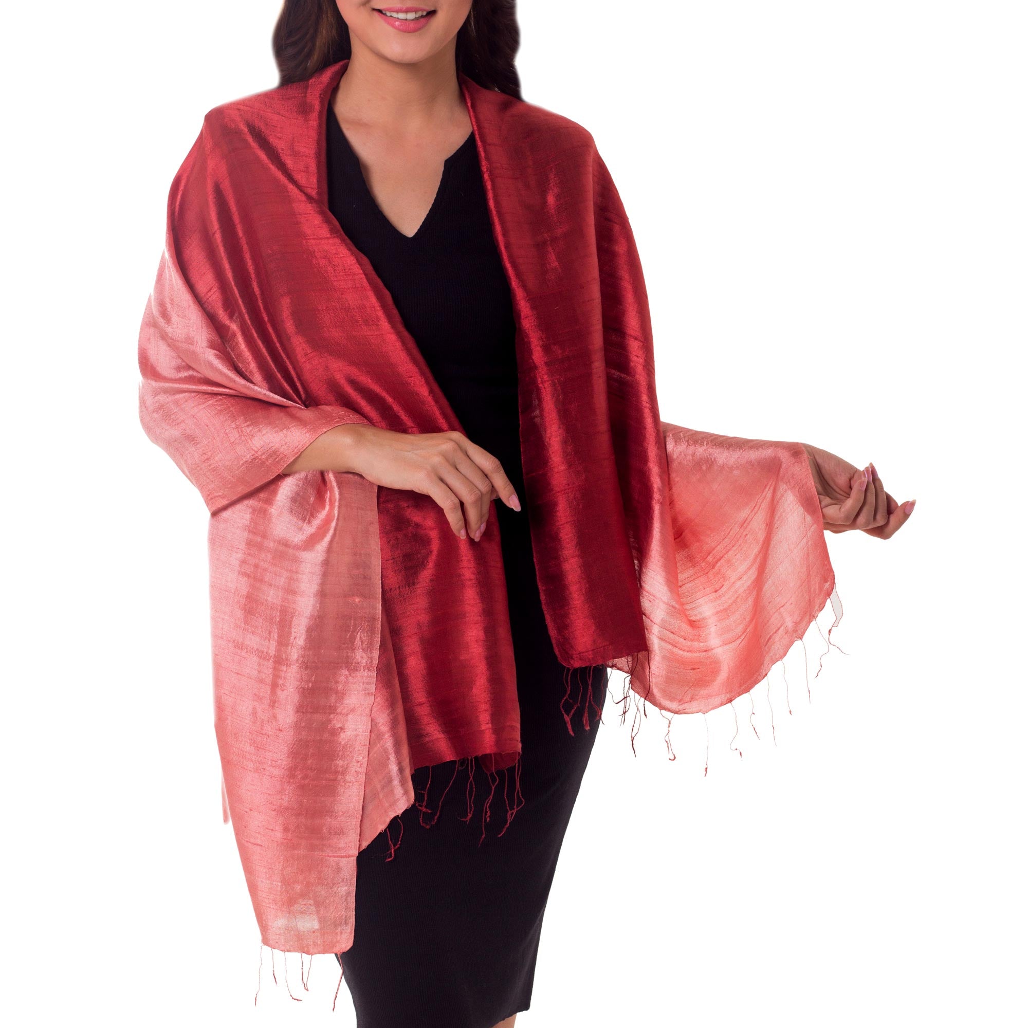 Premium Shimmering Coral Silk Shawl - Handcrafted Elegance