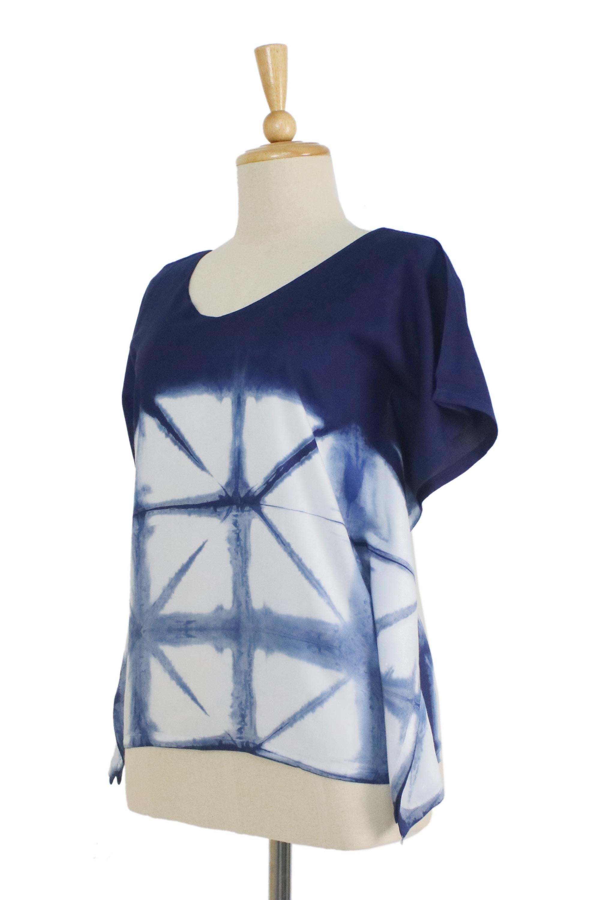 Premium Indigo White Geometric Tie-Dye Cotton Blouse – Effortless Style