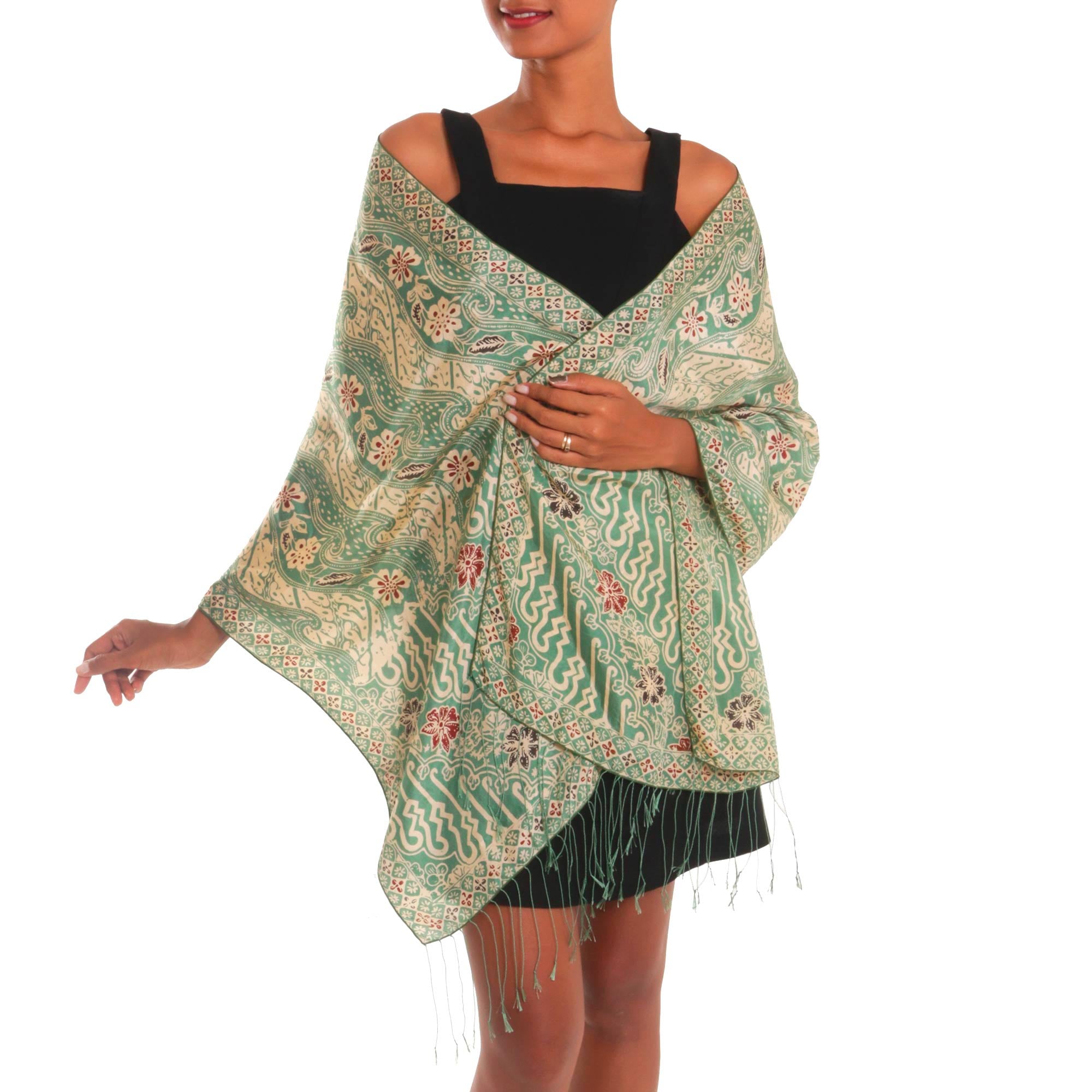 Premium Moss Green Batik Silk Shawl with Elegant Floral Motifs - Handcrafted in Bali