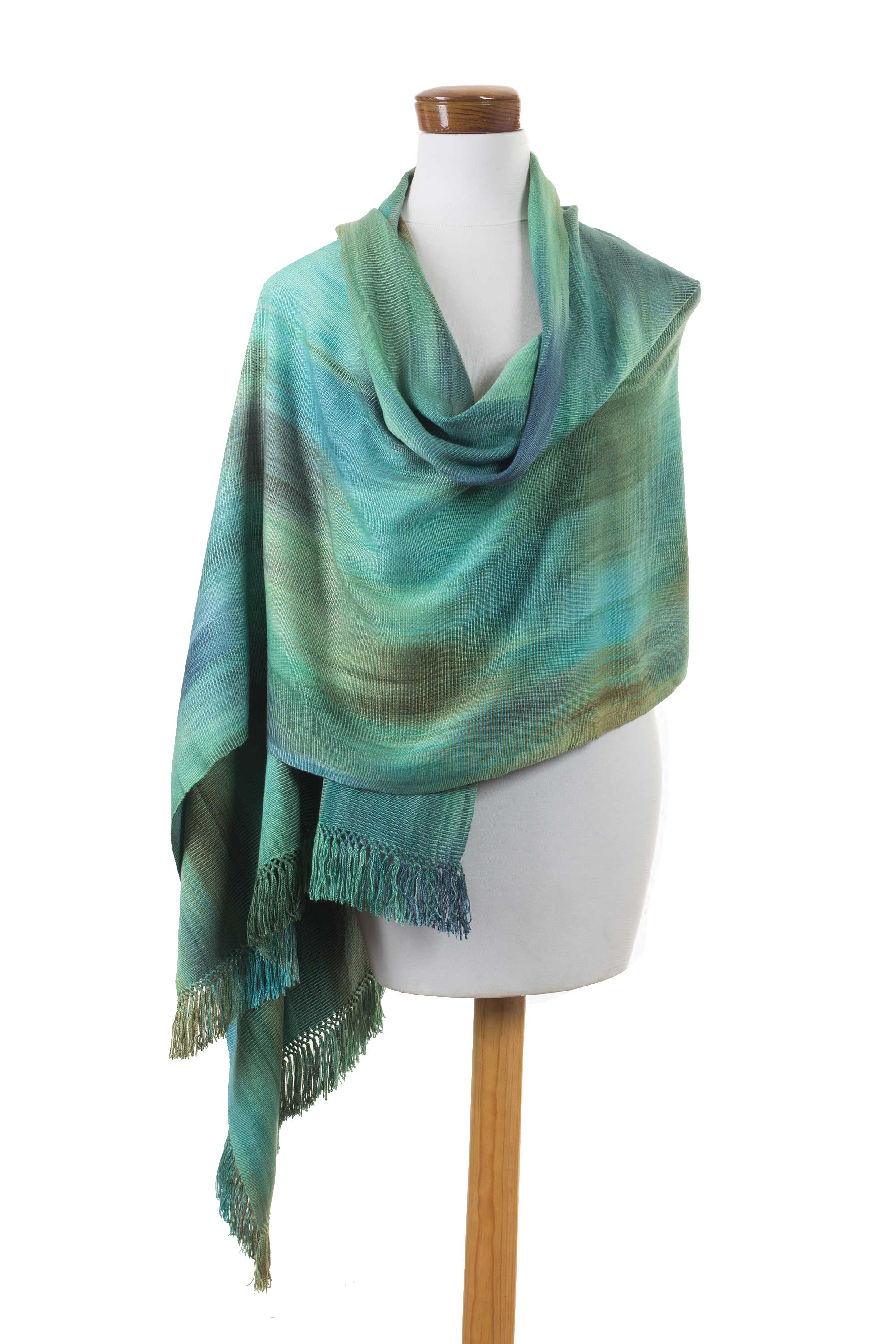 Premium Handwoven Rayon Chenille Shawl in Serene Green & Turquoise