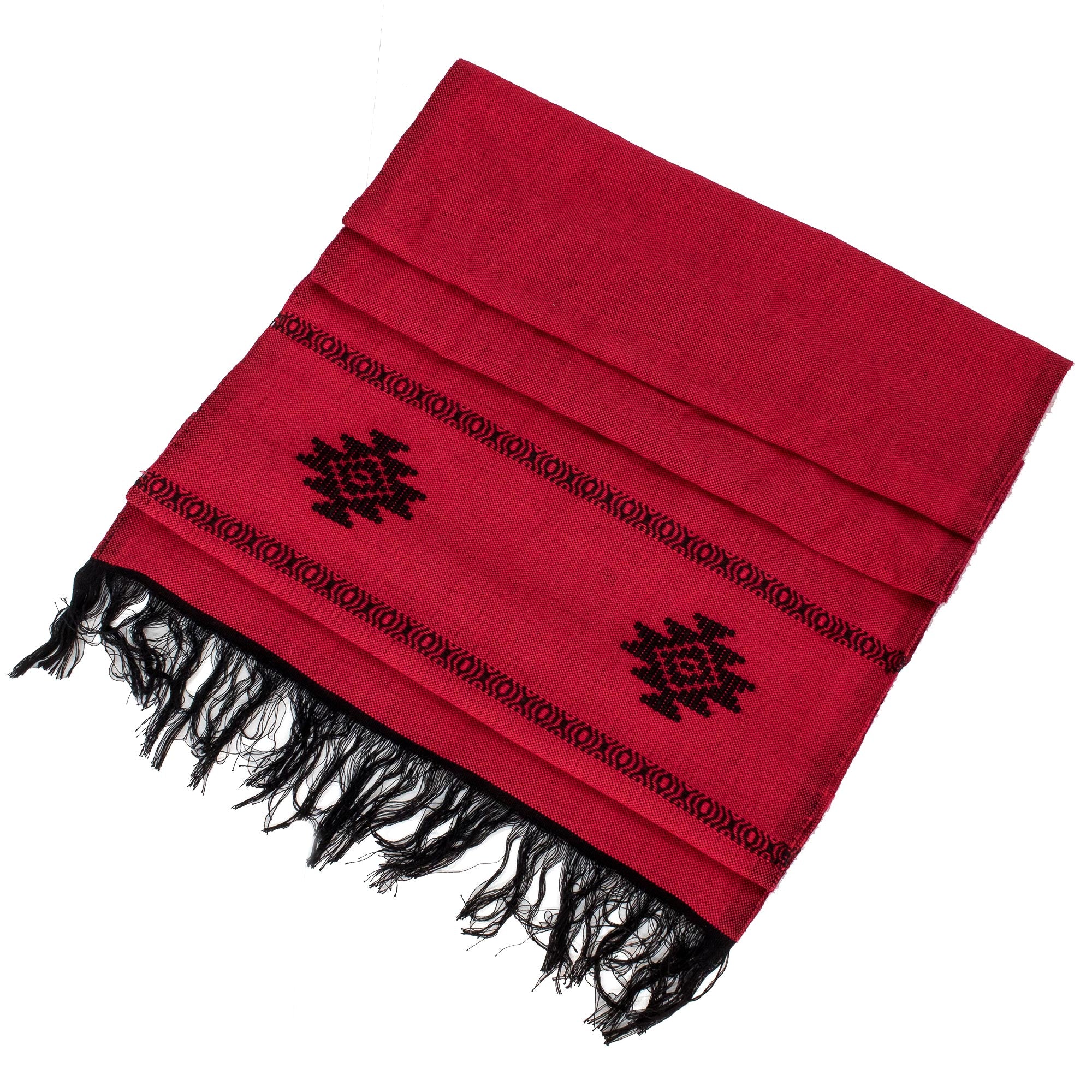 Premium Red Cotton Blend Scarf with Stepped-Fret Rhombus Design