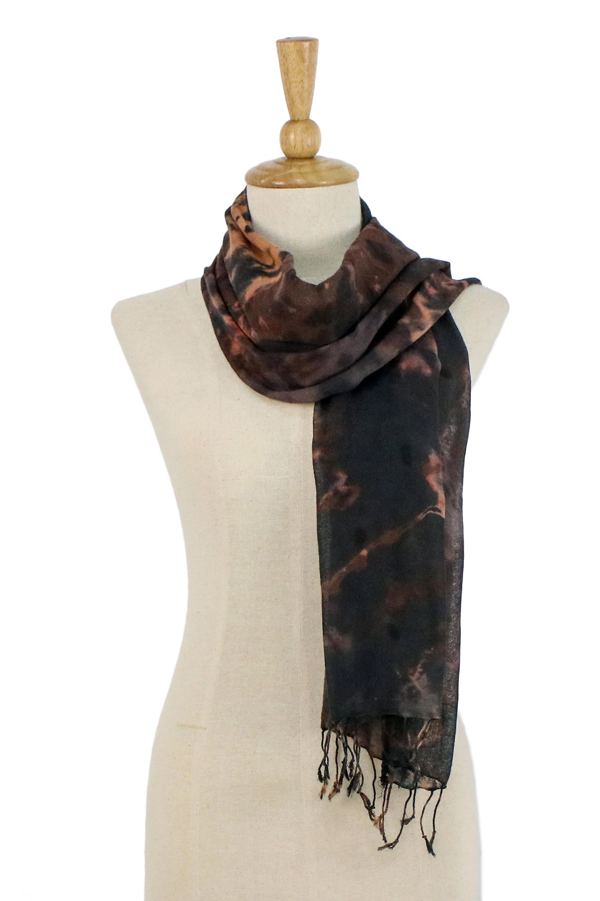 Premium Handwoven Tie-Dye Cotton Scarf with Fringe - Earthy Brown