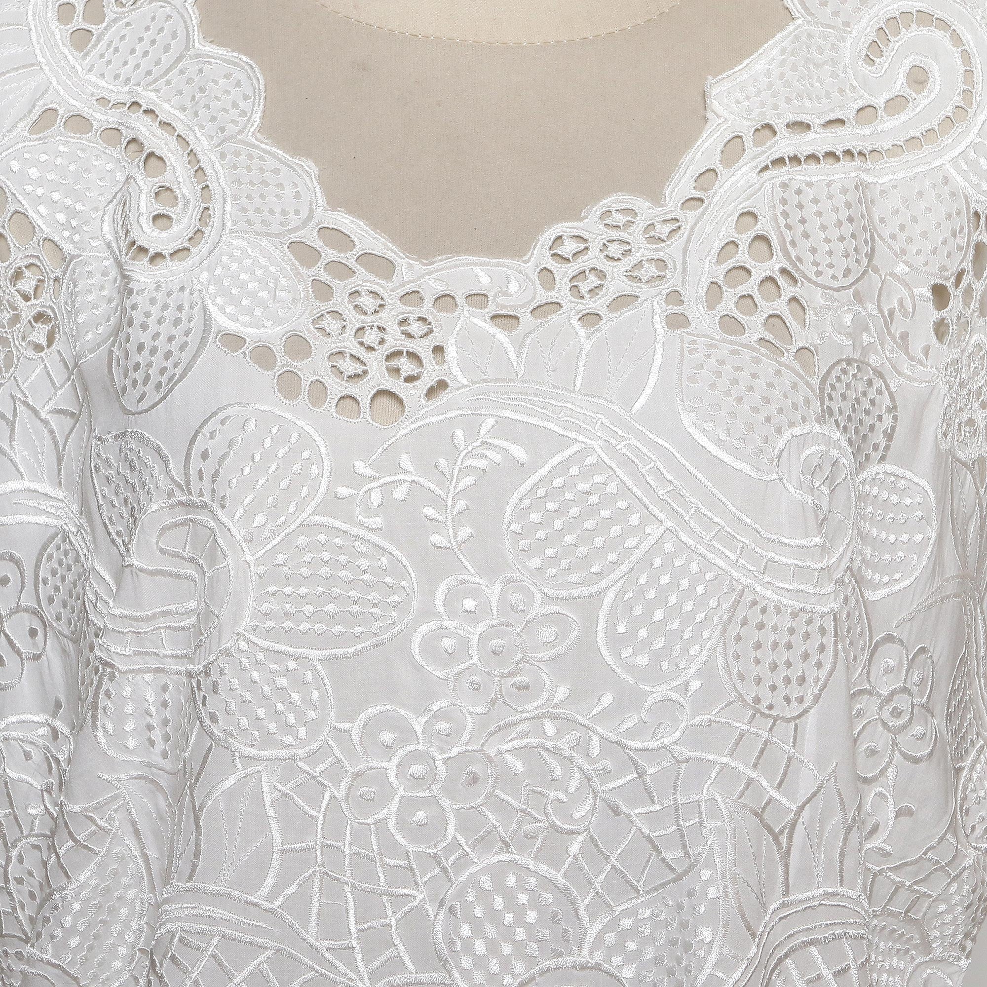 Premium White Rose Mallow Rayon Top with Intricate Embroidery