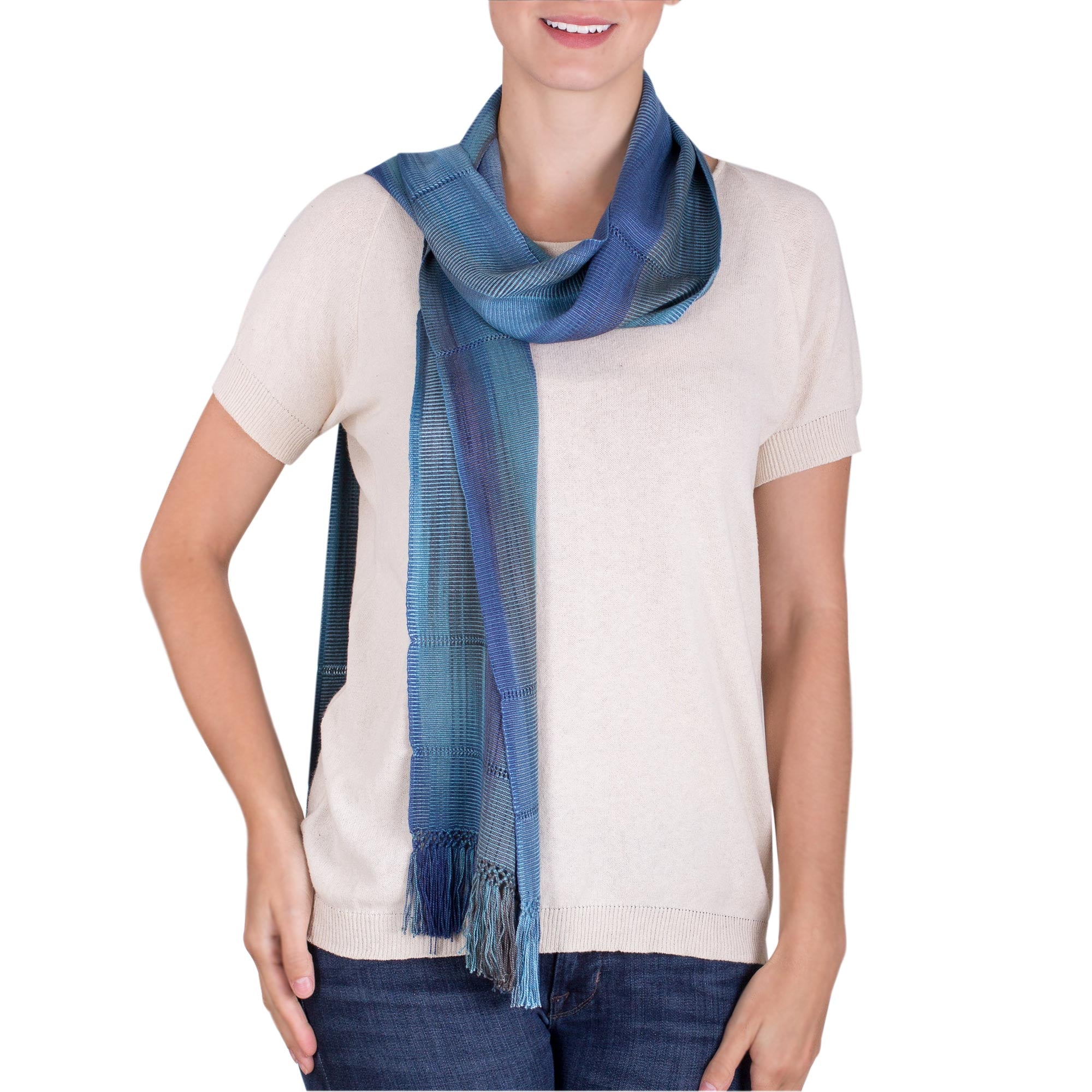 Premium Handwoven Rayon Wrap Scarf - Blue Breeze from Guatemala