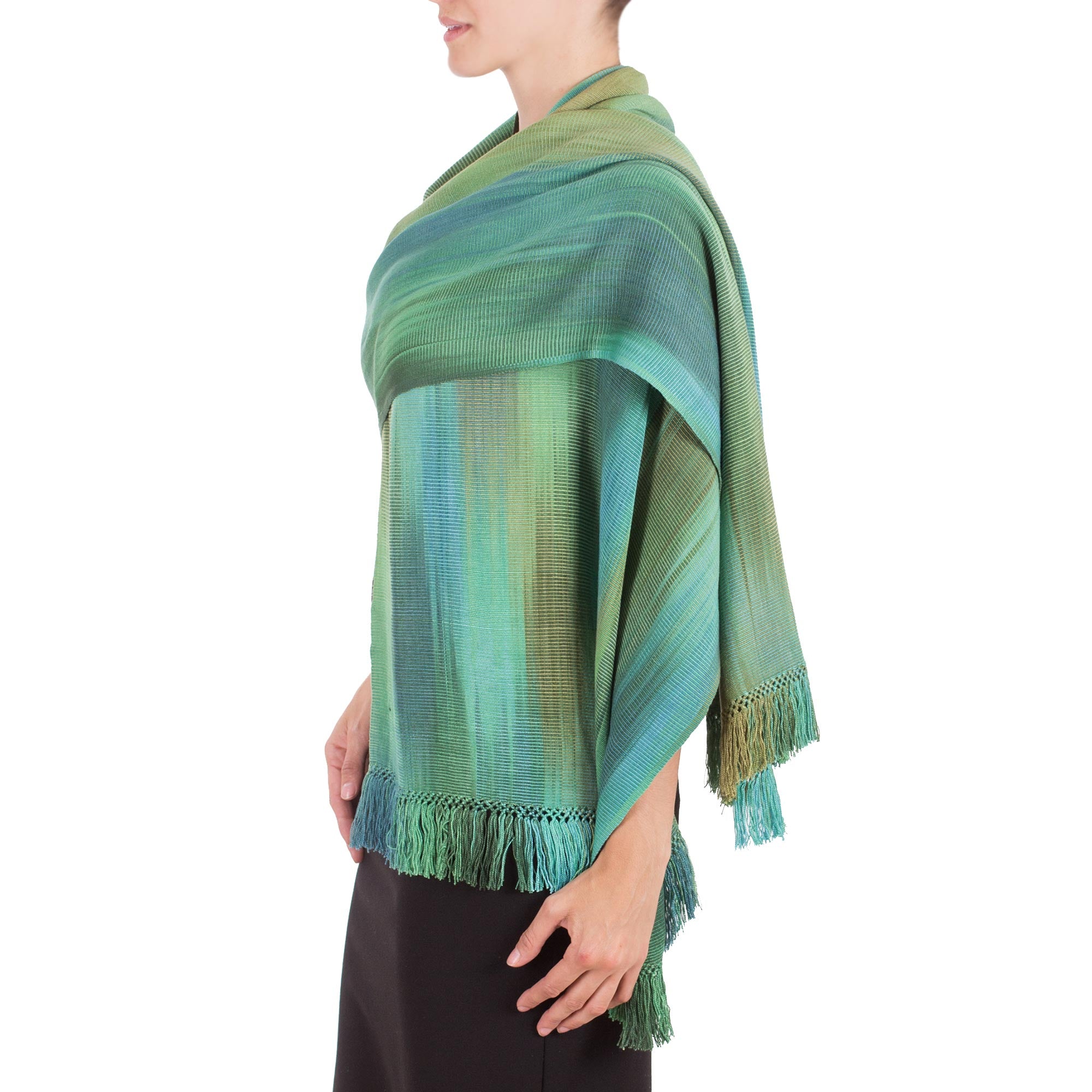 Premium Handwoven Rayon Chenille Shawl in Serene Green & Turquoise