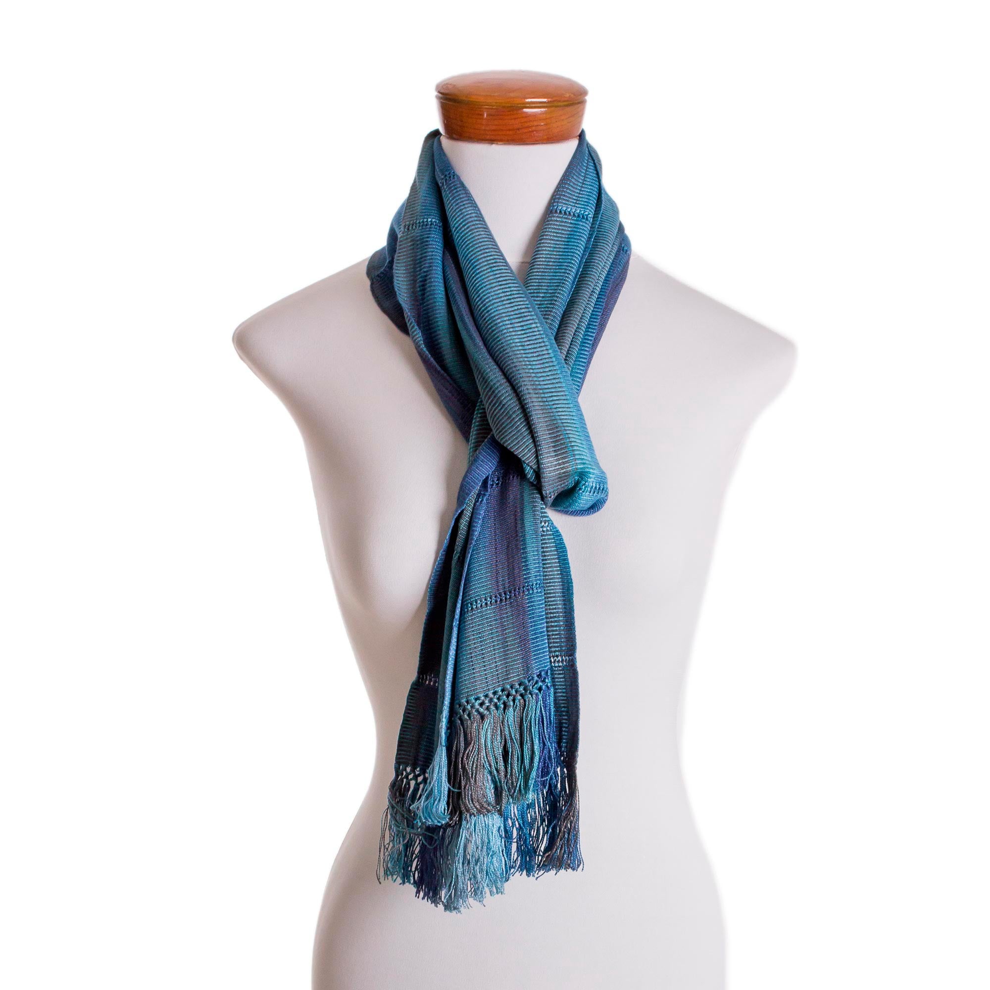 Premium Handwoven Rayon Wrap Scarf - Blue Breeze from Guatemala