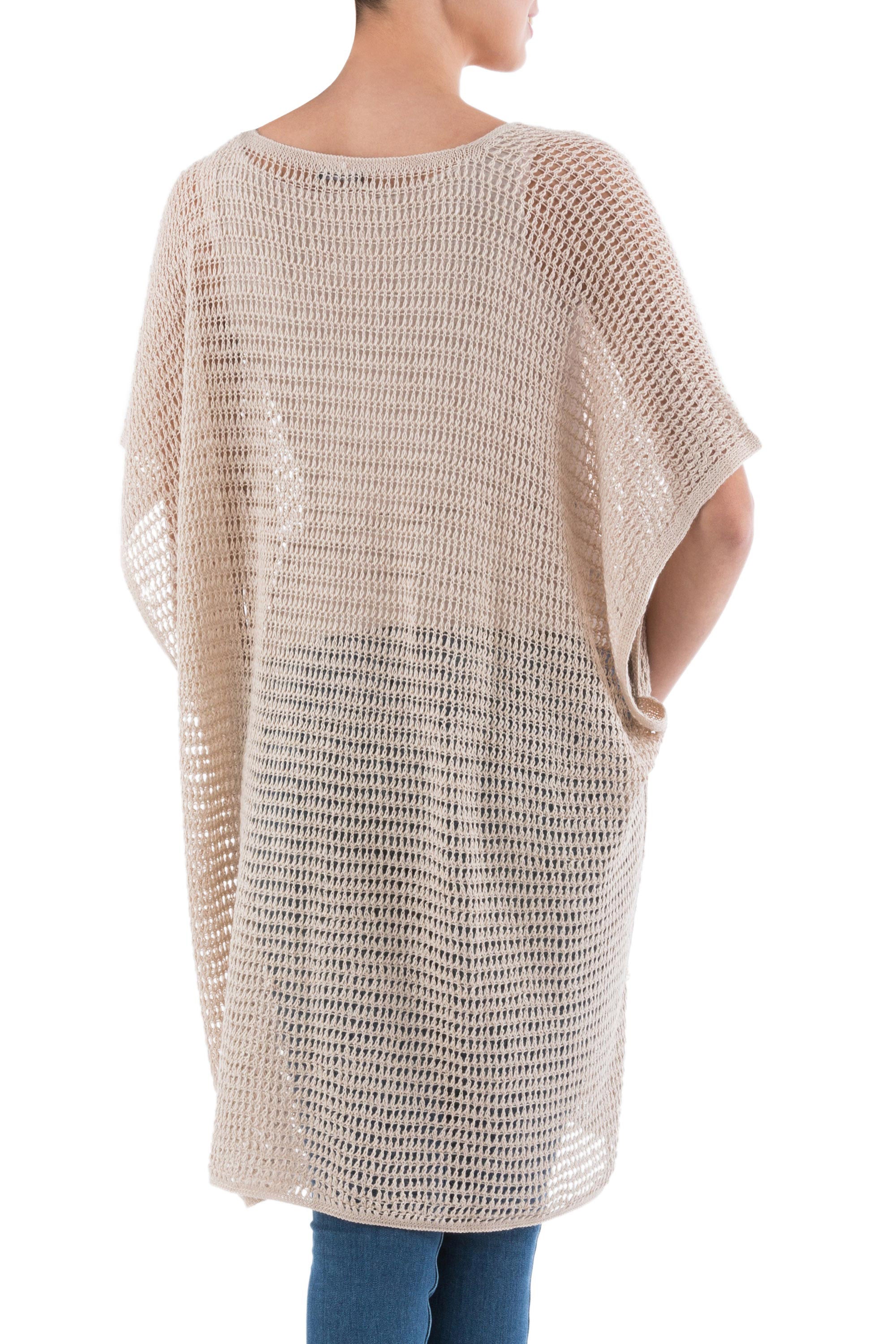 Premium Beige Dreamcatcher Tunic - Soft V-Neck & Short Sleeves