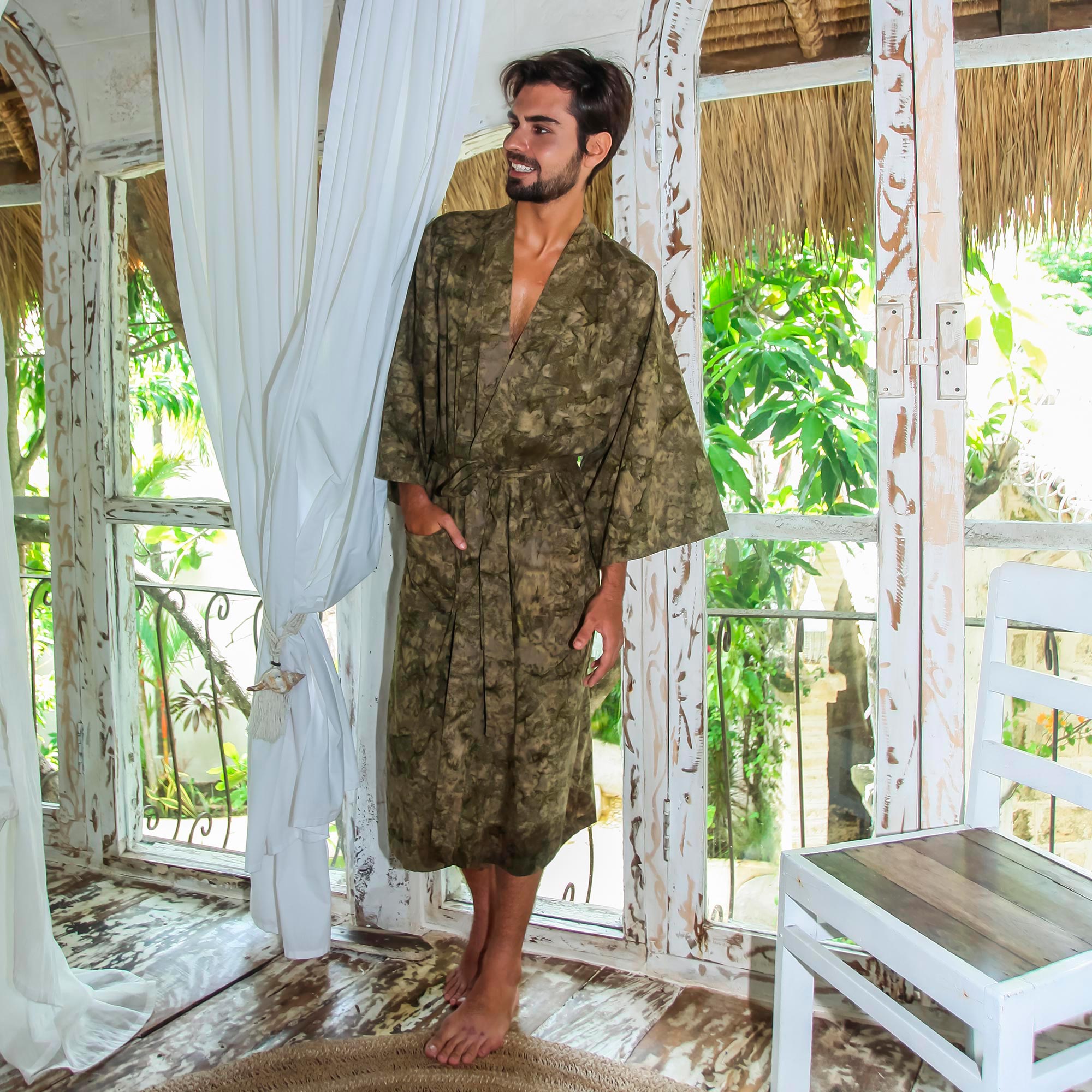 Premium Men's Green Moss Printed Robe - Handmade Luxury