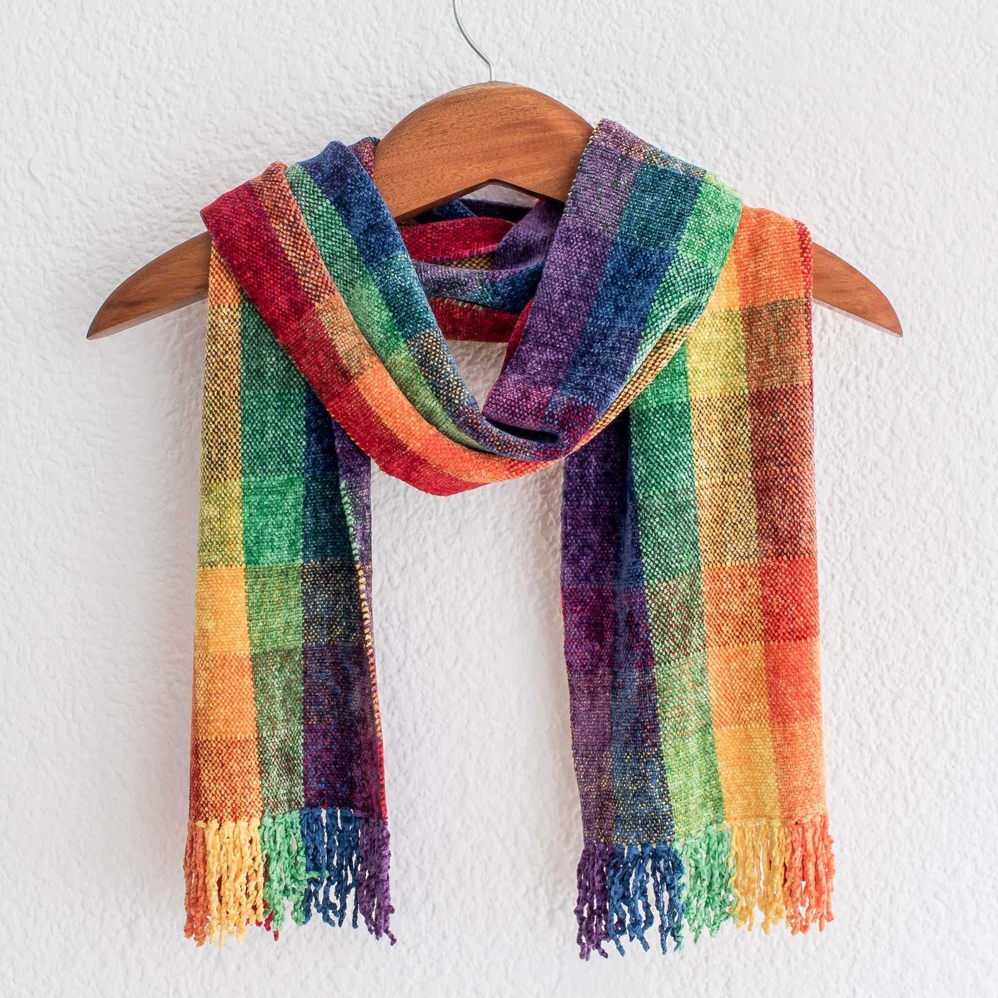 Premium Guatemalan Rainbow Rayon Chenille Scarf - Handcrafted Beauty