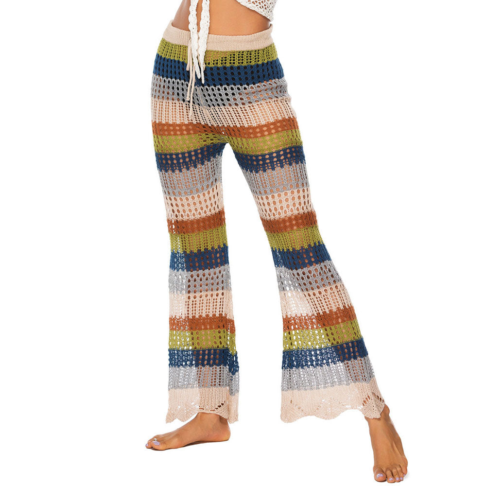 Ultimate Rainbow Striped Crochet Beach Pants - High Waist Split Design