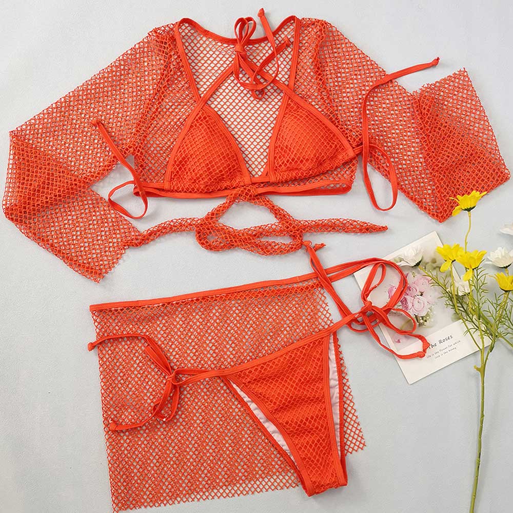 Ultimate Tropical Fishnet Bikini Set with Sarong Cover-Up