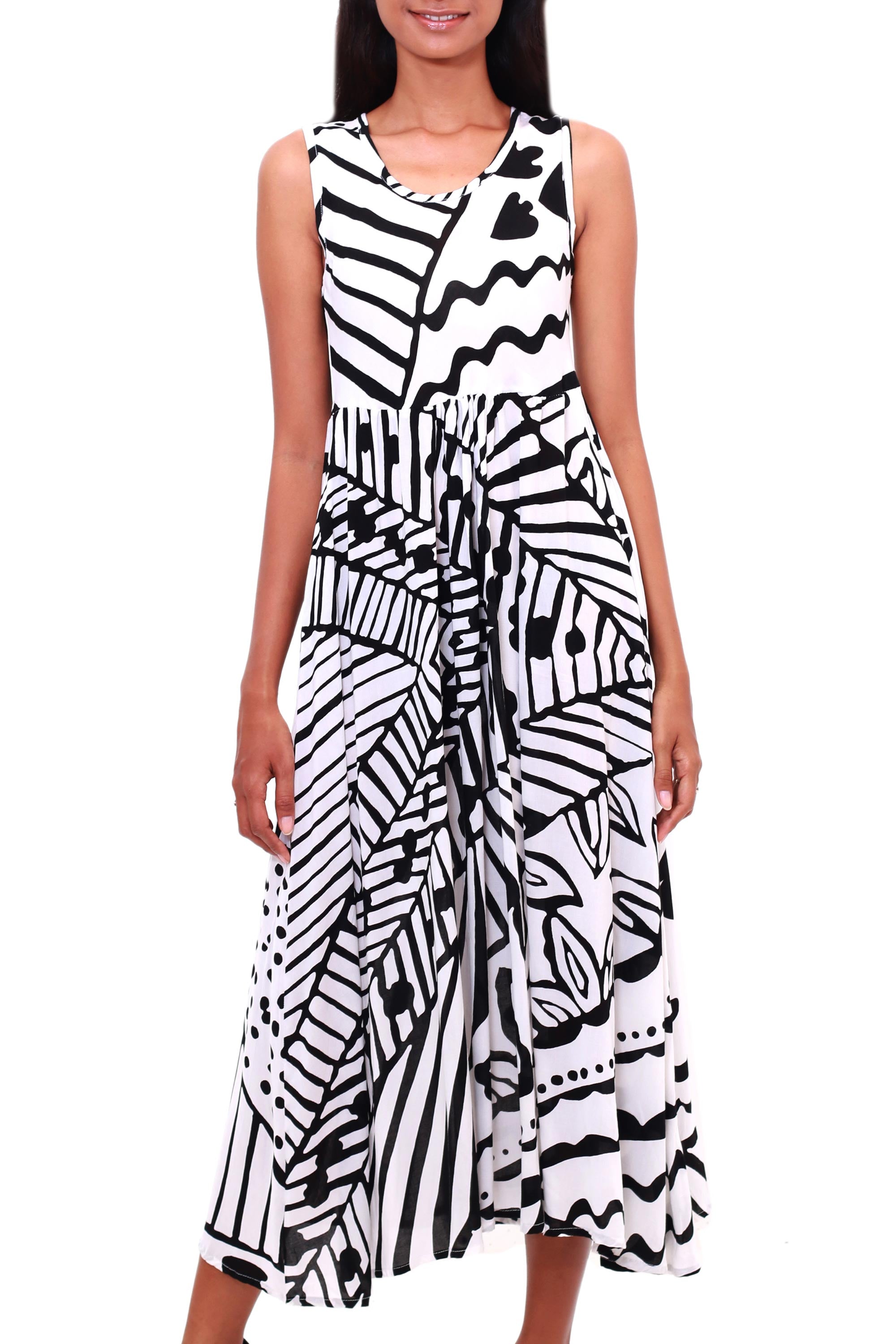 Premium Black & White Jungle Rayon A-Line Dress - Bali Collection