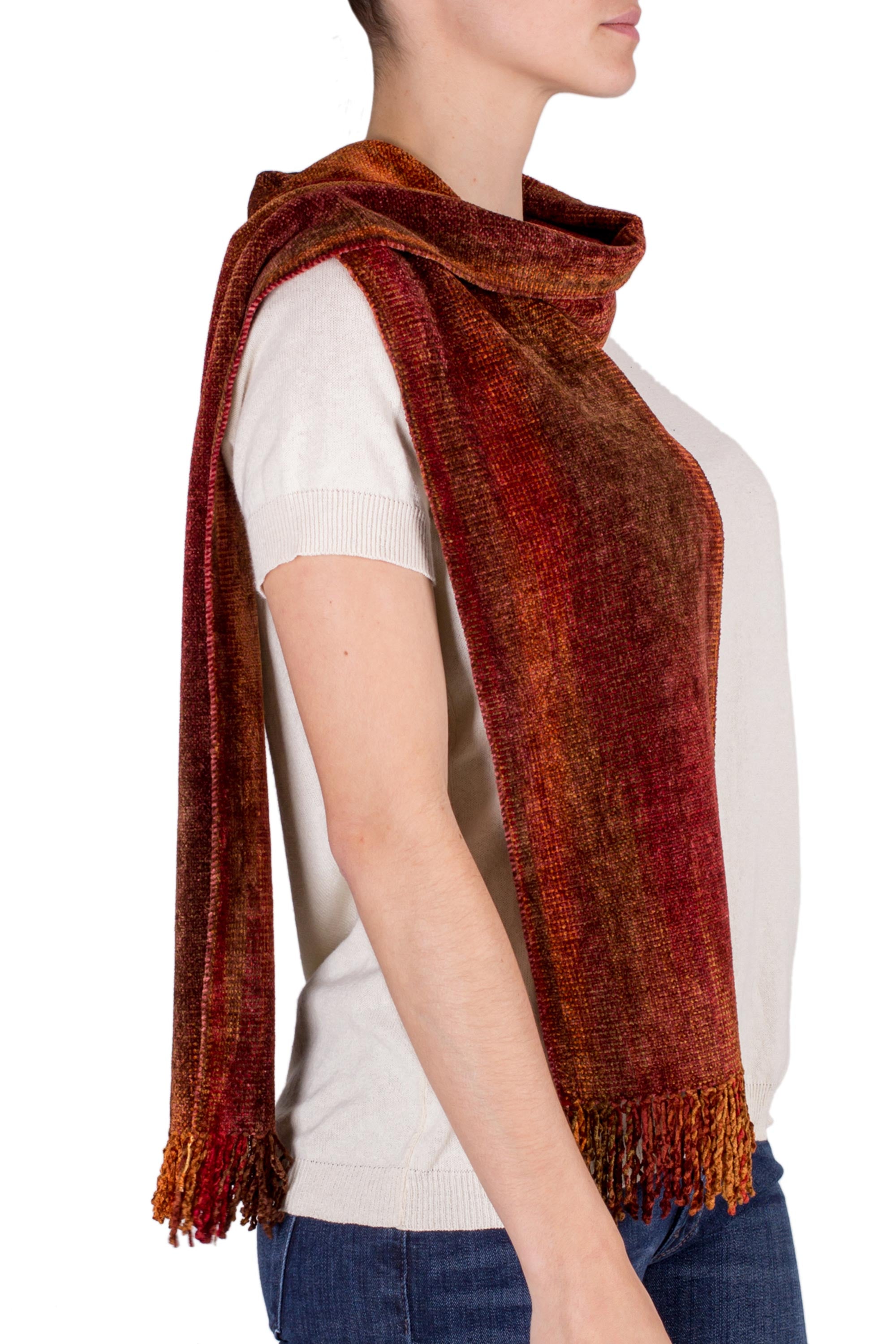 Premium Orange Dreamer Handwoven Rayon Scarf - Vibrant Orange & Red from Guatemala