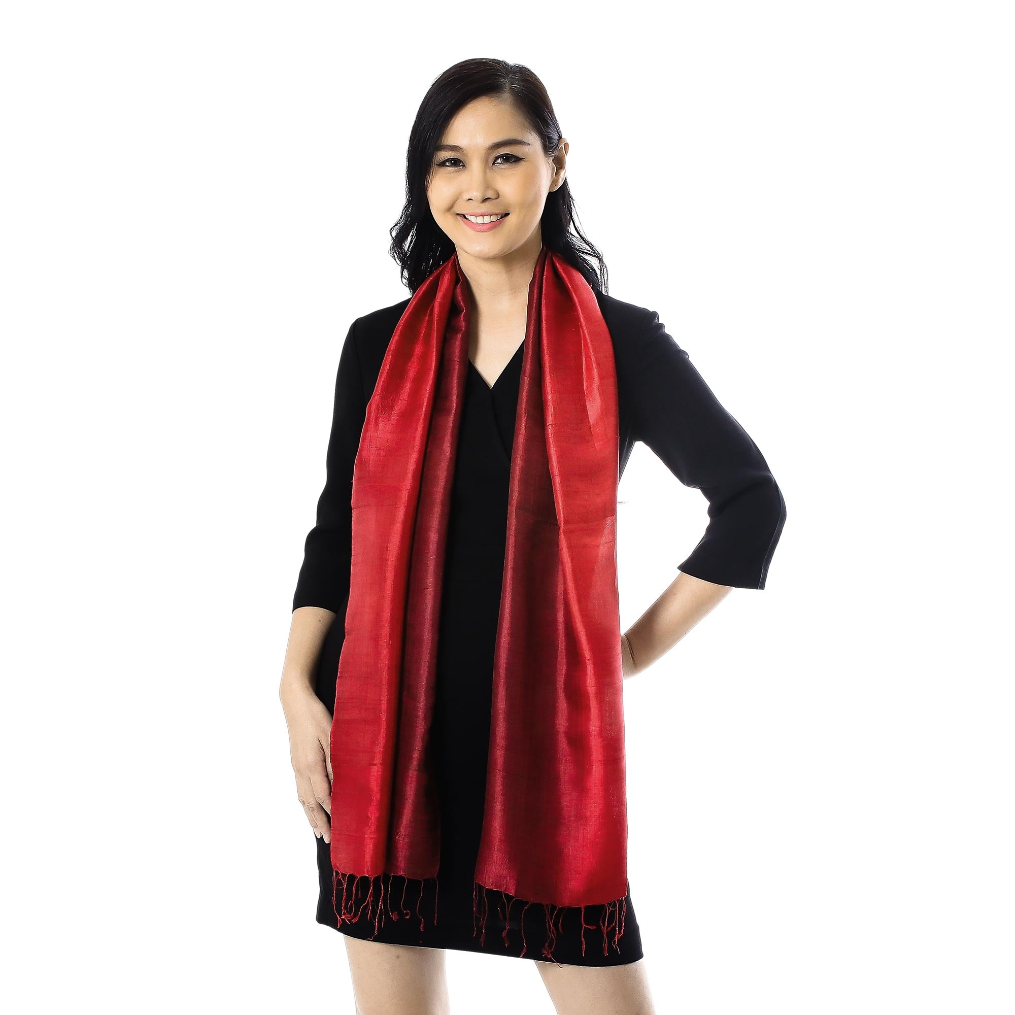 Premium Ruby Red Handwoven Silk Scarf with Elegant Fringe