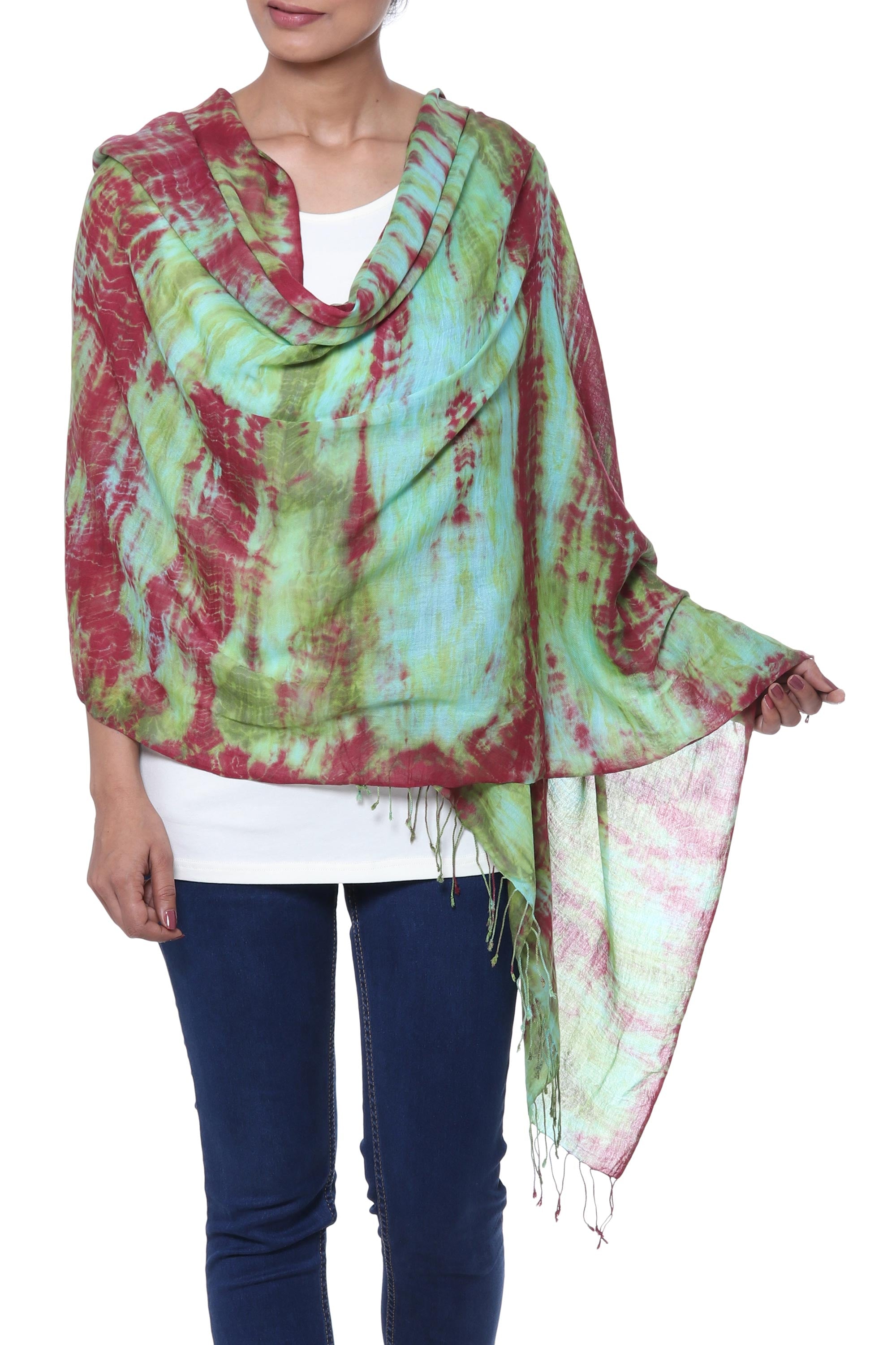 Premium Cosmic Waves Tie-Dyed Cotton Shawl - Red, Green & Aqua with Fringe