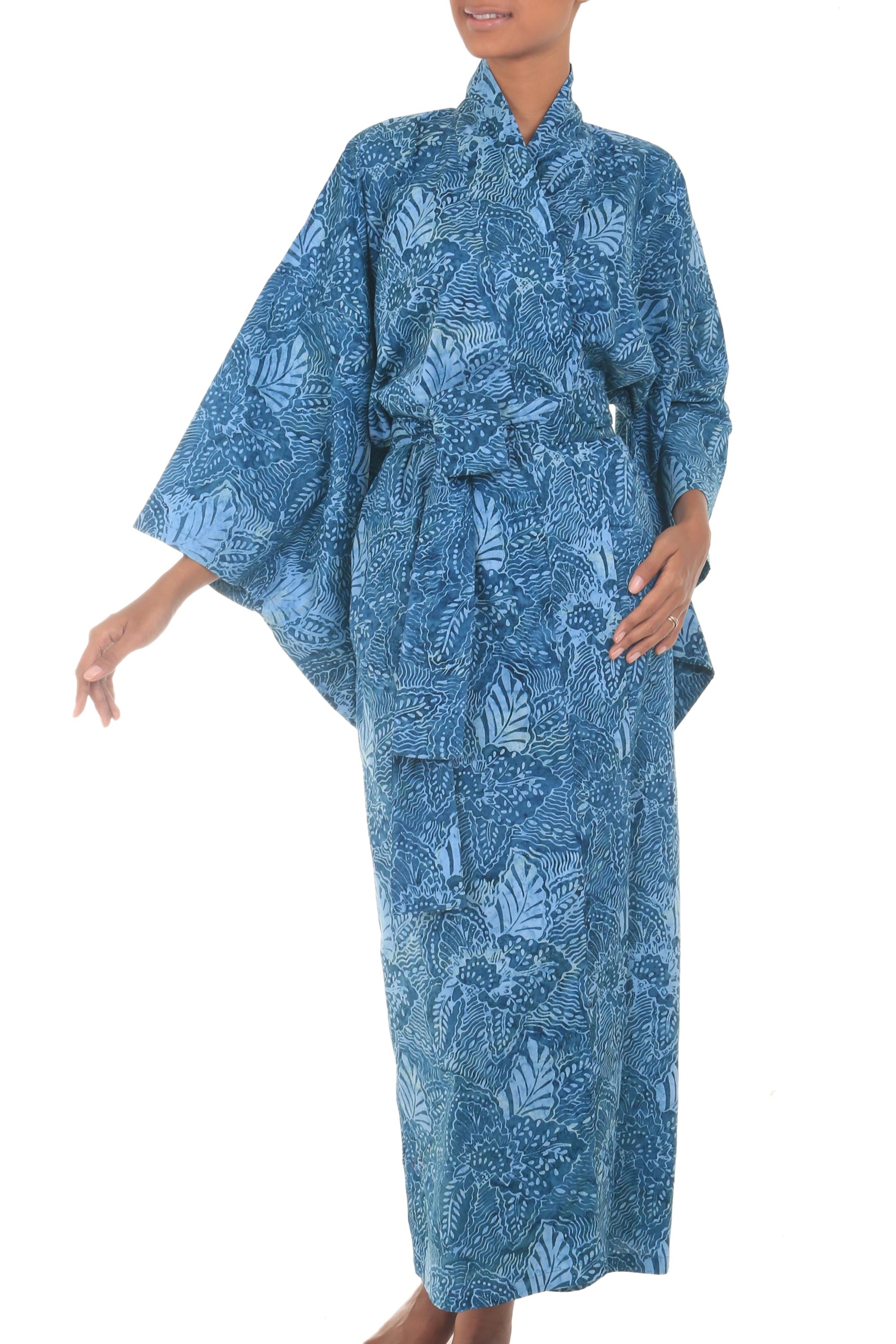 Premium Blue Forest Handcrafted Batik Cotton Kimono Robe for Women