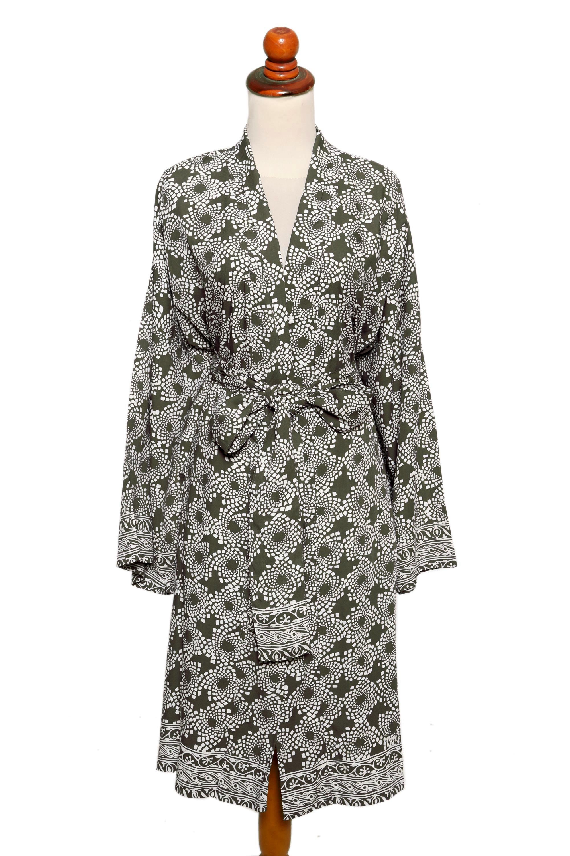 Premium Pewter Grey Batik Rayon Short Robe - Handcrafted Luxury