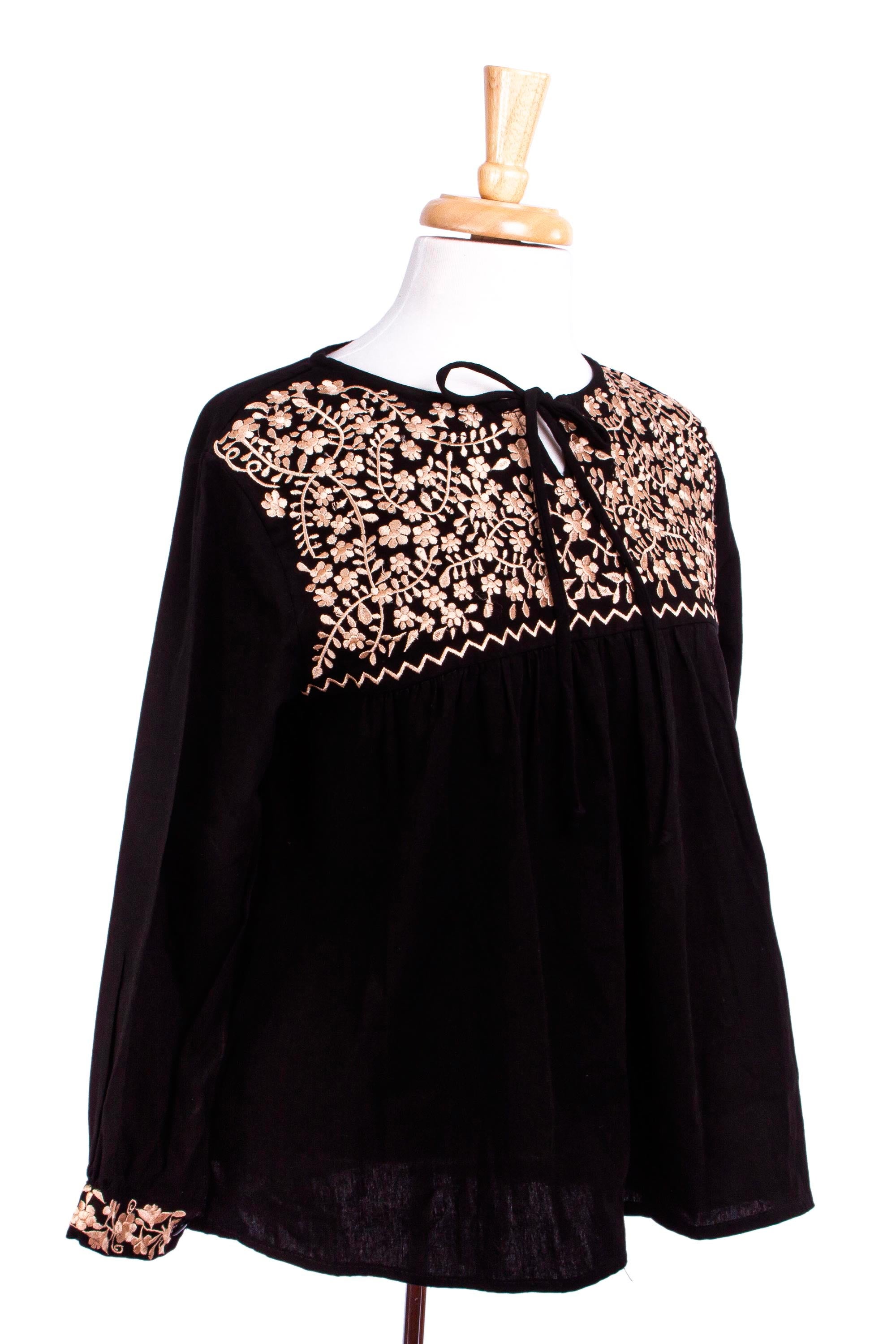 Premium Golden Black Oaxaca Blossoms Hand-Embroidered Boho Chic Blouse