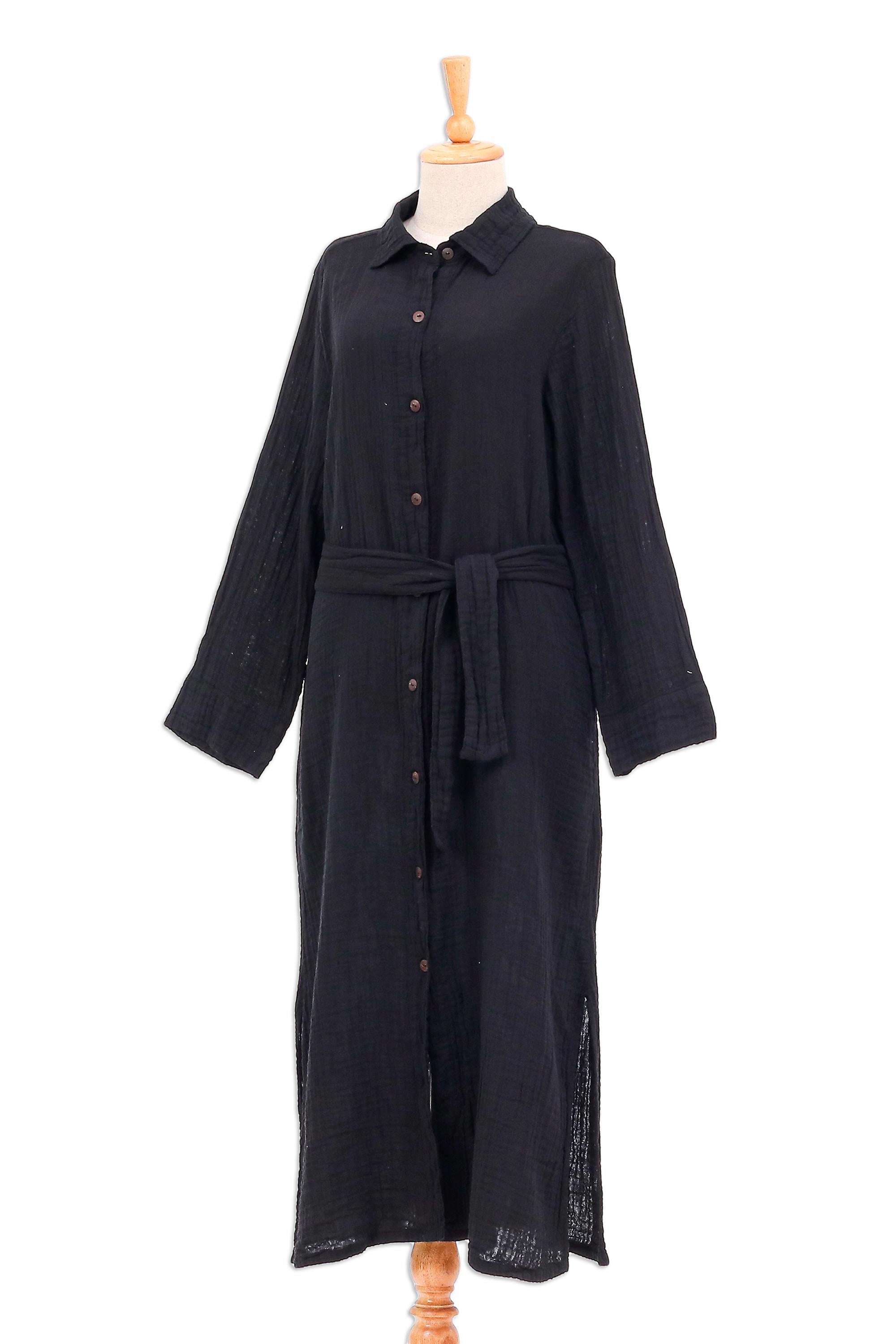 Premium Black Cotton Shirtwaist Dress with Belt - Handcrafted in Thailand