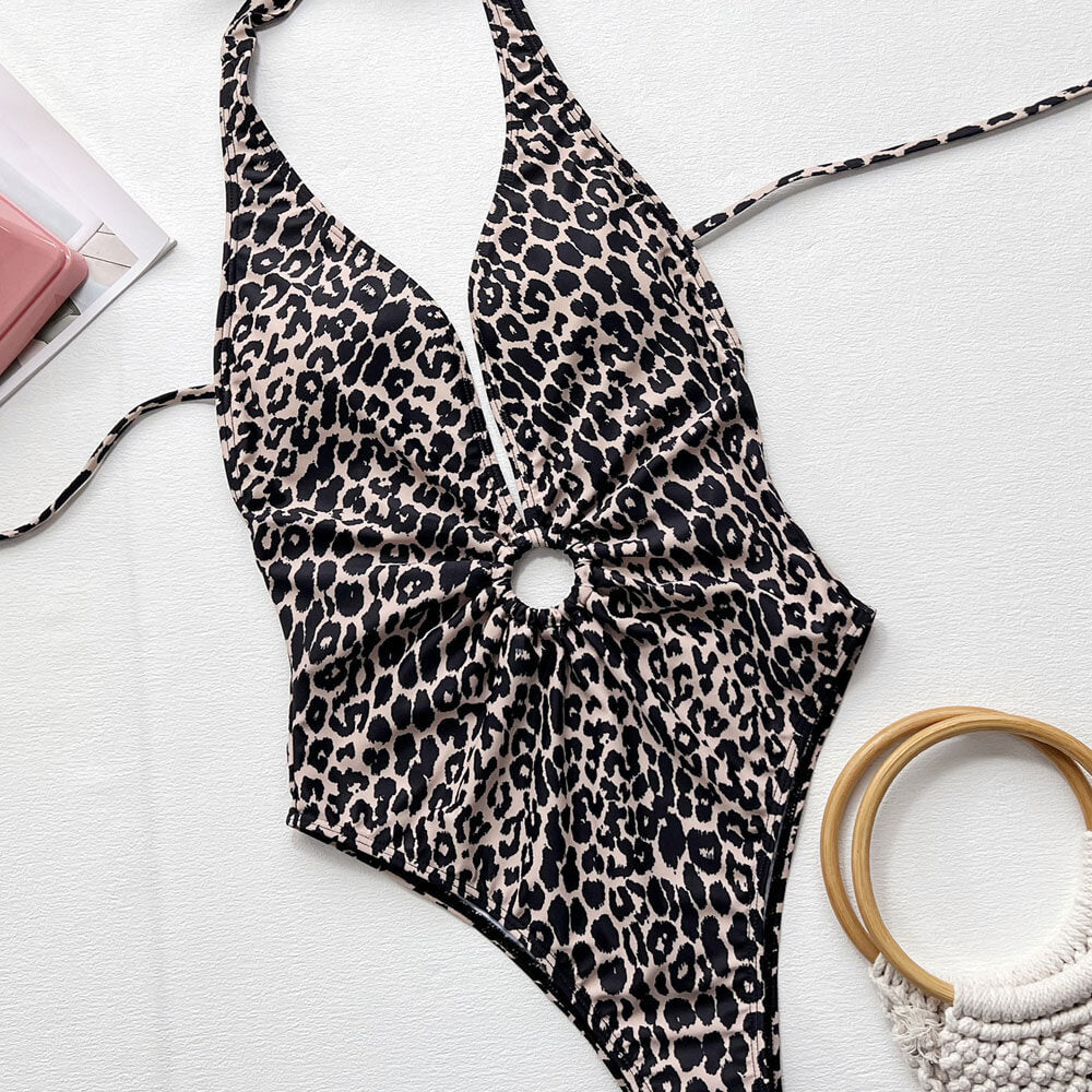 Ultimate Leopard Print One-Piece Swimsuit - Deep V Neck & Tie-Back Design