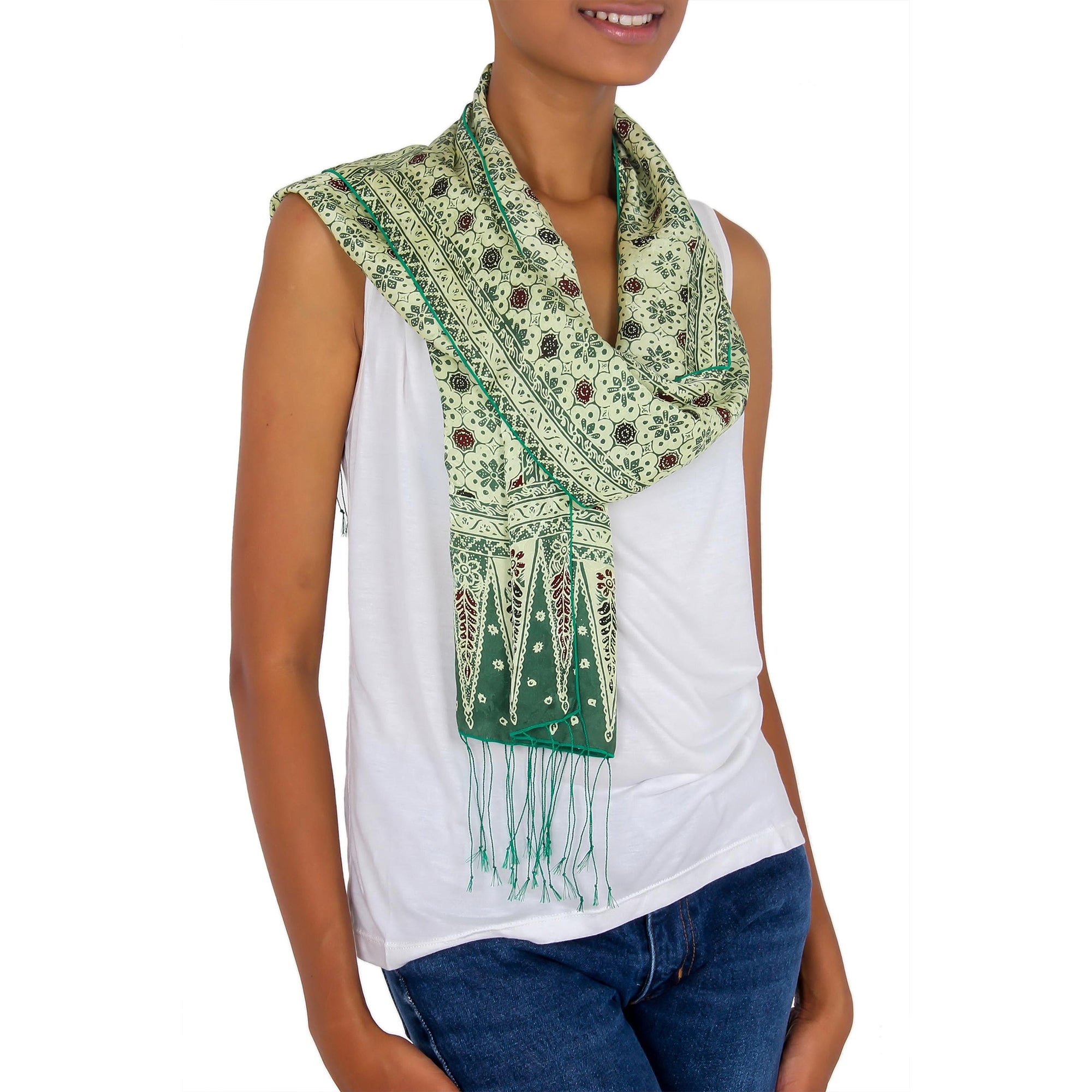 Premium Green Jade Silk Batik Scarf – Handcrafted Elegance