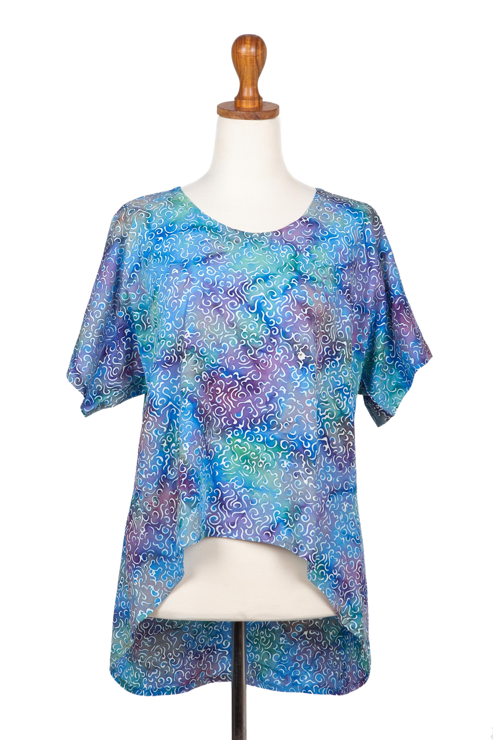 Premium Rainbow Seascape Rayon Batik Blouse - Handcrafted Hi-Low Design